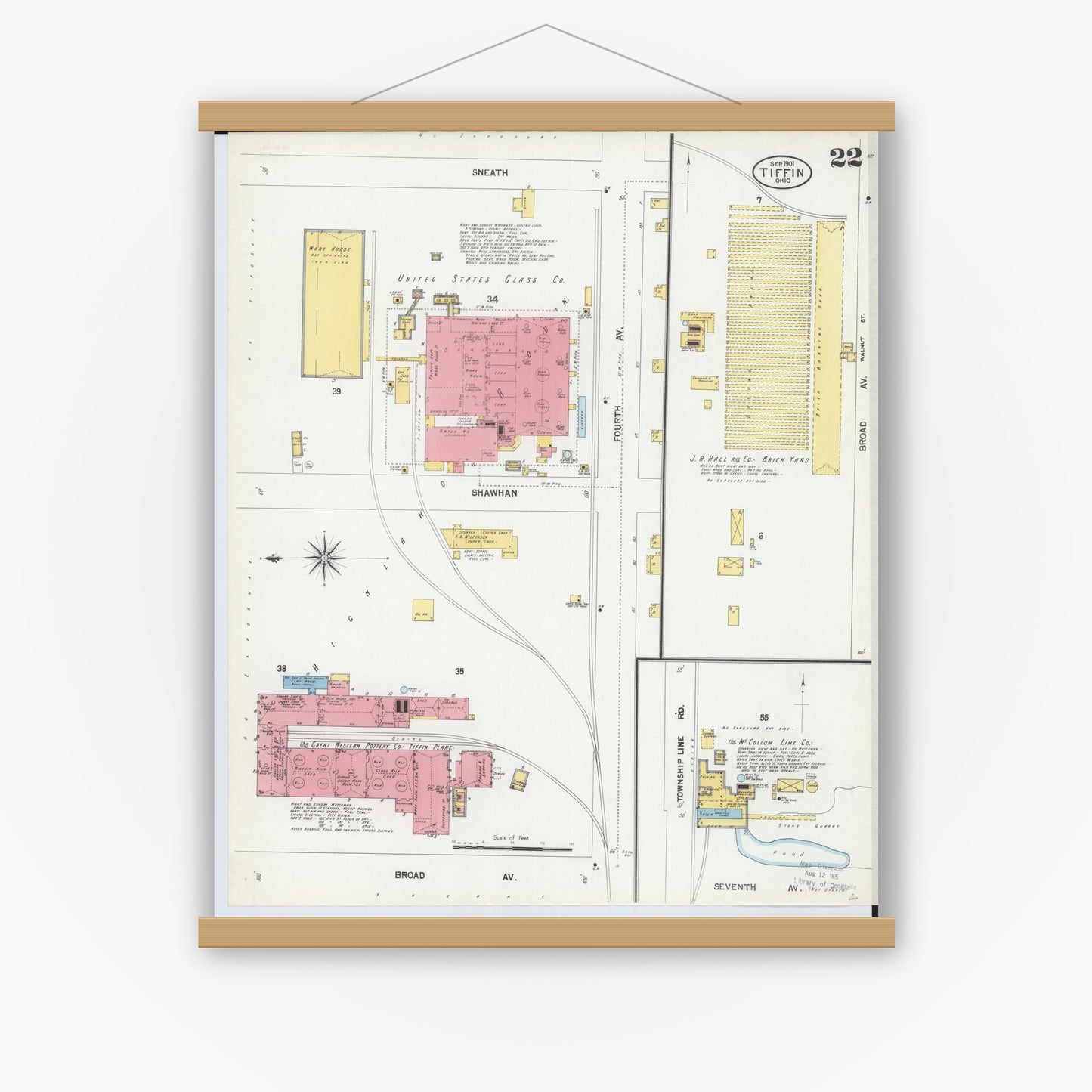 Old map wall art mockup — magnetic wood frame on white wall — Sanborn Fire Insurance Map from Tiffin, Seneca County, Ohio (1901), Sheet #0022