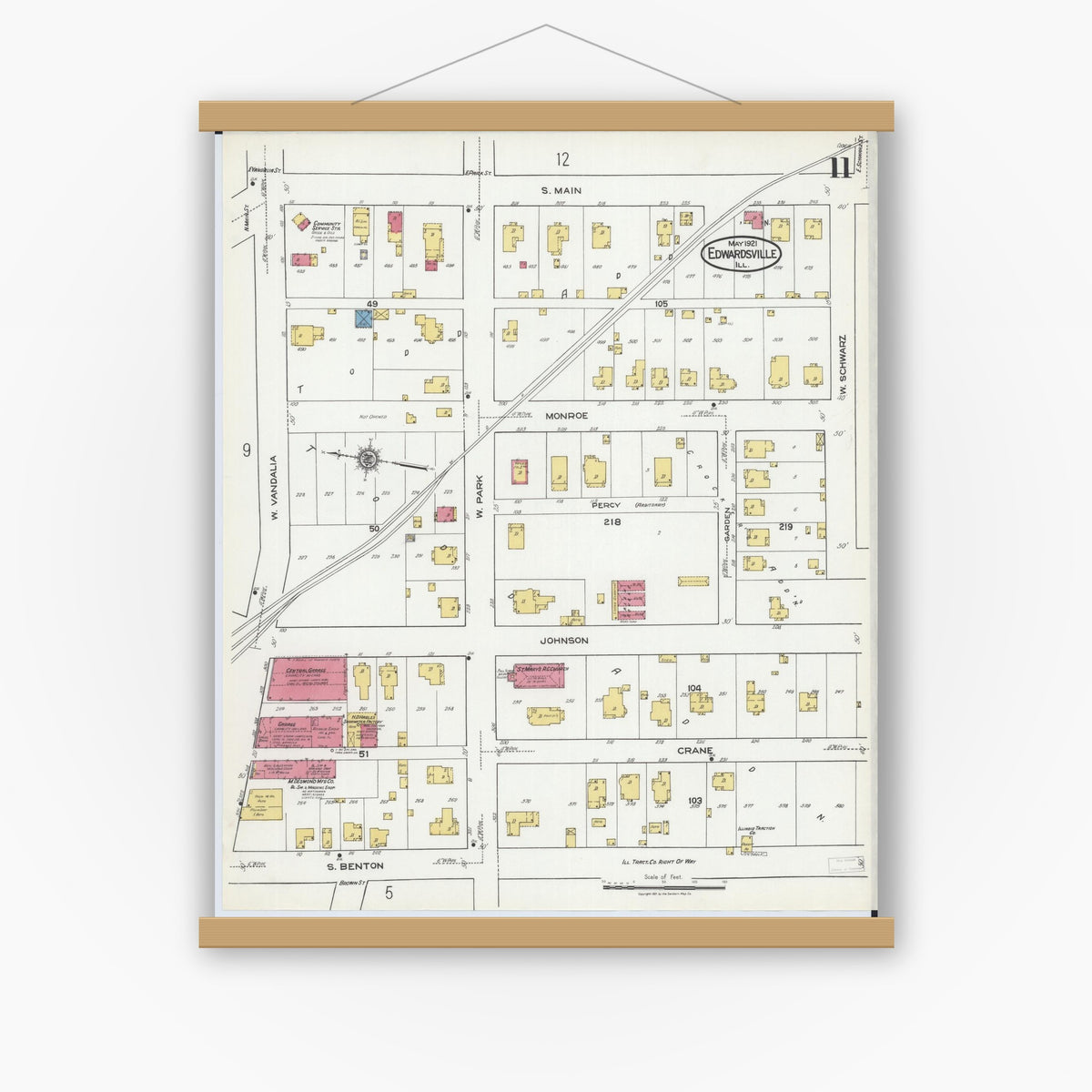Old map wall art mockup — magnetic wood frame on white wall — Sanborn Fire Insurance Map from Edwardsville, Madison County, Illinois (1921), Sheet #0011