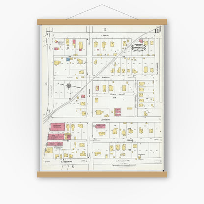 Old map wall art mockup — magnetic wood frame on white wall — Sanborn Fire Insurance Map from Edwardsville, Madison County, Illinois (1921), Sheet #0011