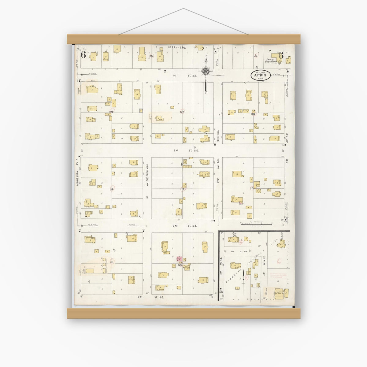 Old map wall art mockup — magnetic wood frame on white wall — Sanborn Fire Insurance Map from Aitkin, Aitkin County, Minnesota (1936), Sheet #0006