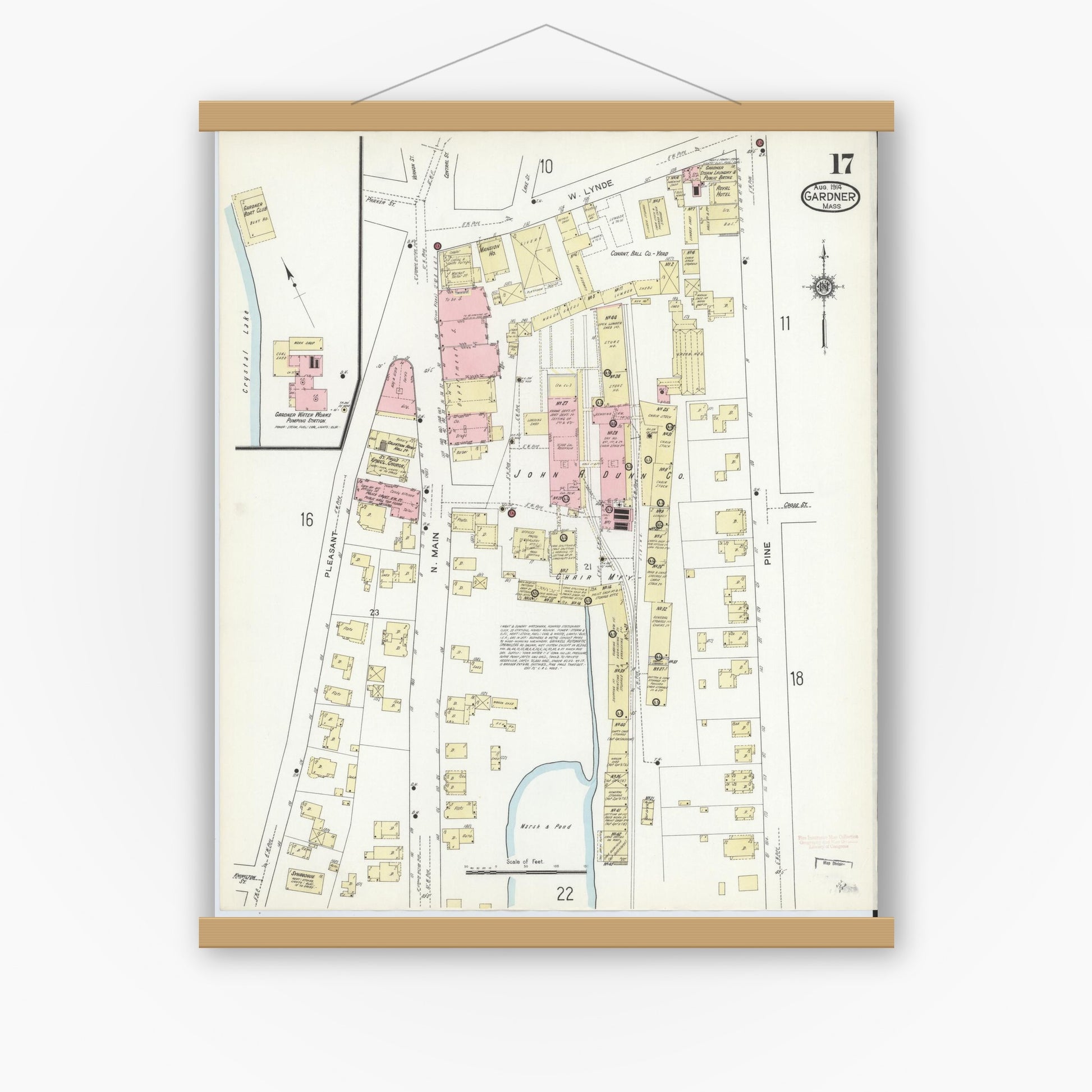 Old map wall art mockup — magnetic wood frame on white wall — Sanborn Fire Insurance Map from Gardner, Worcester County, Massachusetts (1914), Sheet #0017