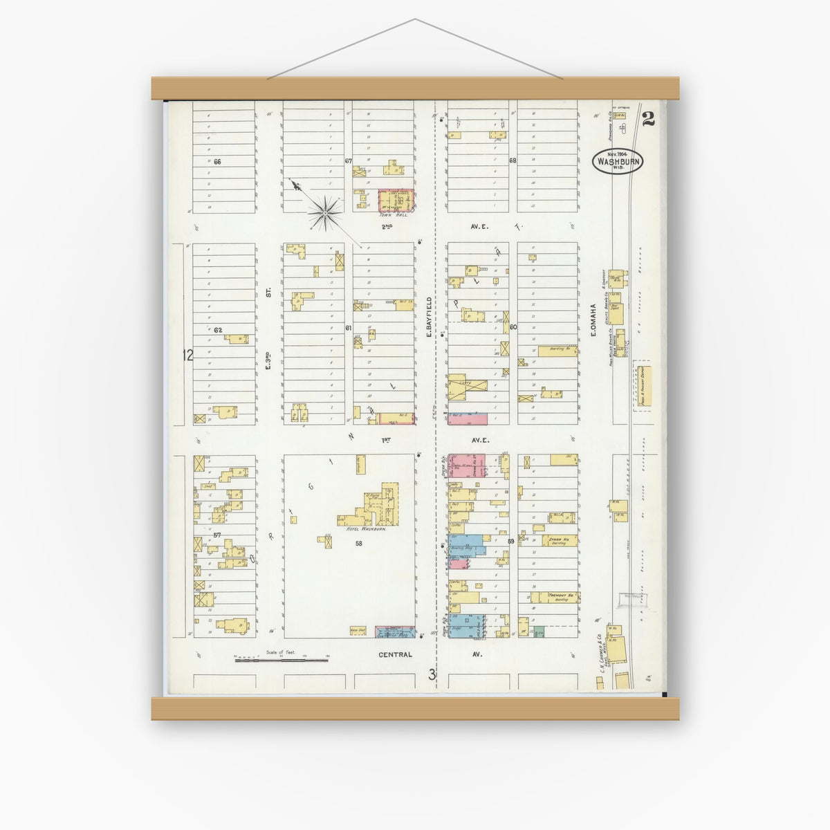Old map wall art mockup — magnetic wood frame on white wall — Sanborn Fire Insurance Map from Washburn, Bayfield County, Wisconsin (1904), Sheet #0002