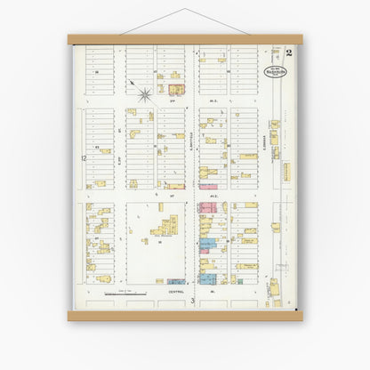 Old map wall art mockup — magnetic wood frame on white wall — Sanborn Fire Insurance Map from Washburn, Bayfield County, Wisconsin (1904), Sheet #0002