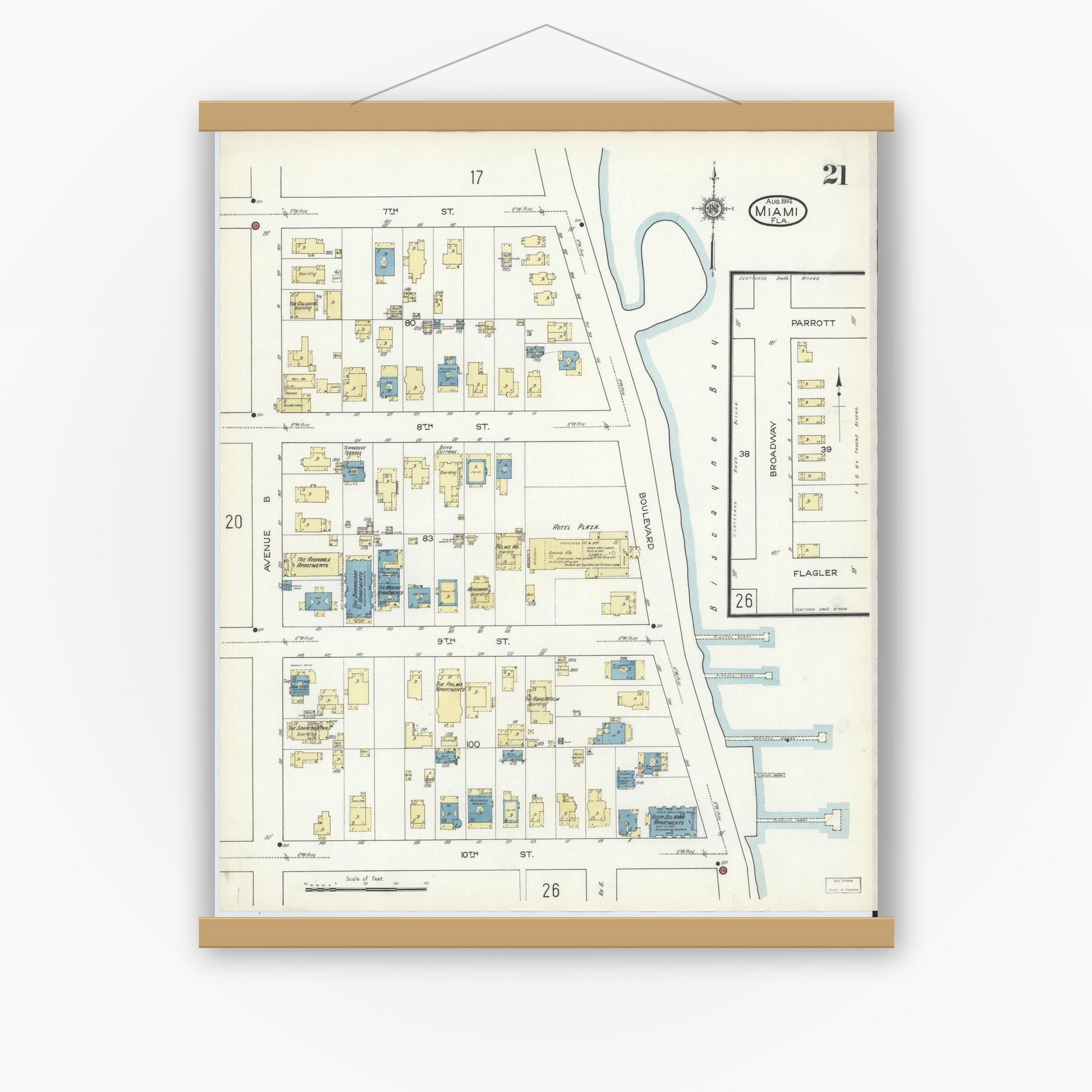 Old map wall art mockup — magnetic wood frame on white wall — Sanborn Fire Insurance Map from Miami, Dade County, Florida (1914), Sheet #0021