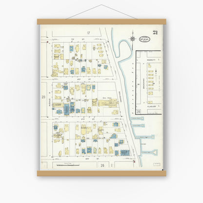 Old map wall art mockup — magnetic wood frame on white wall — Sanborn Fire Insurance Map from Miami, Dade County, Florida (1914), Sheet #0021