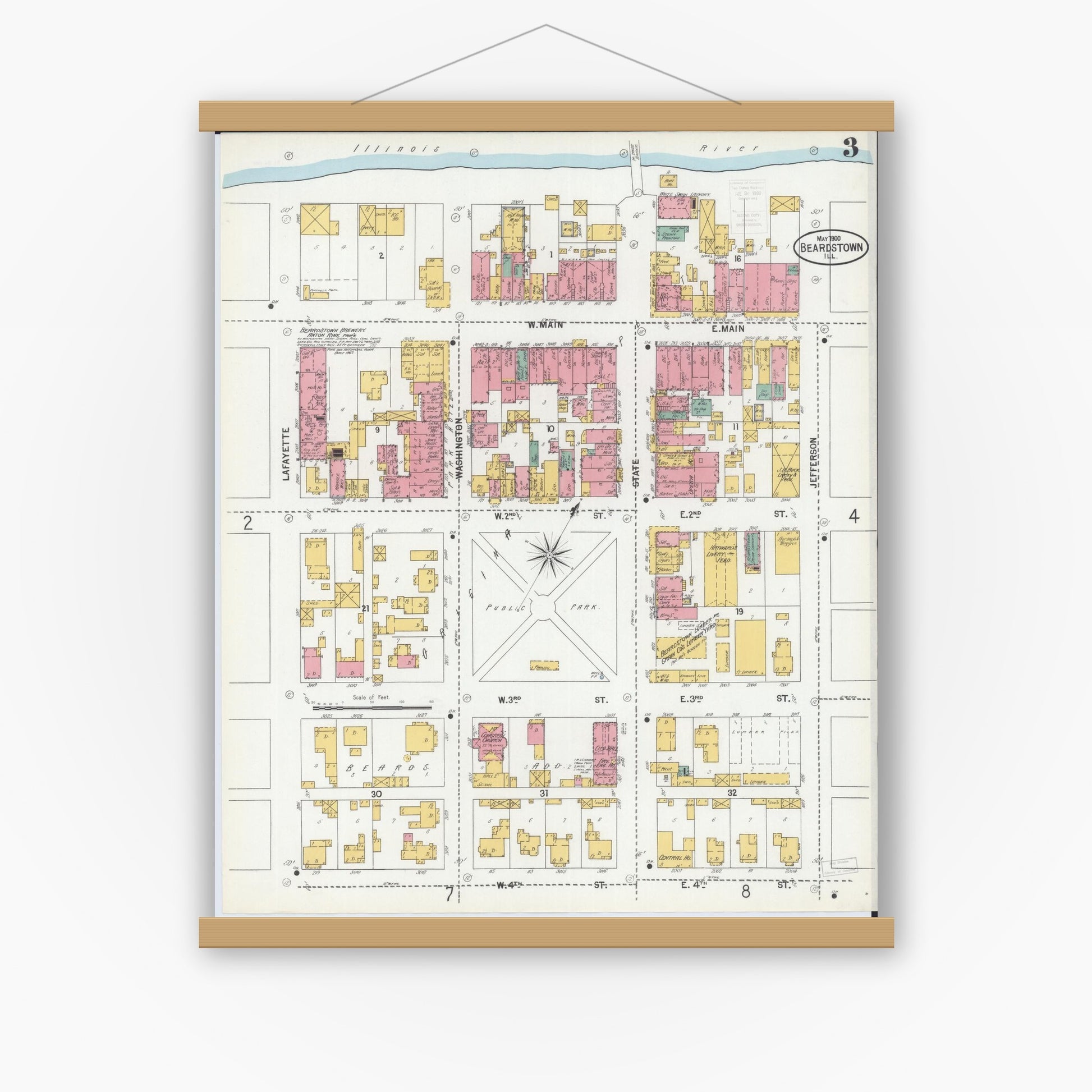 Old map wall art mockup — magnetic wood frame on white wall — Sanborn Fire Insurance Map from Beardstown, Cass County, Illinois (1900), Sheet #0003