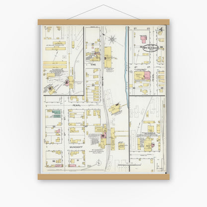 Old map wall art mockup — magnetic wood frame on white wall — Sanborn Fire Insurance Map from Mount Vernon, Posey County, Indiana (1892), Sheet #0004