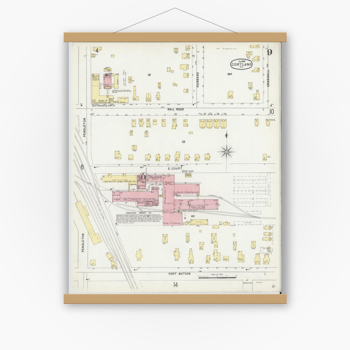 Old map wall art mockup — magnetic wood frame on white wall — Sanborn Fire Insurance Map from Cortland, Cortland County, New York (1897), Sheet #0009