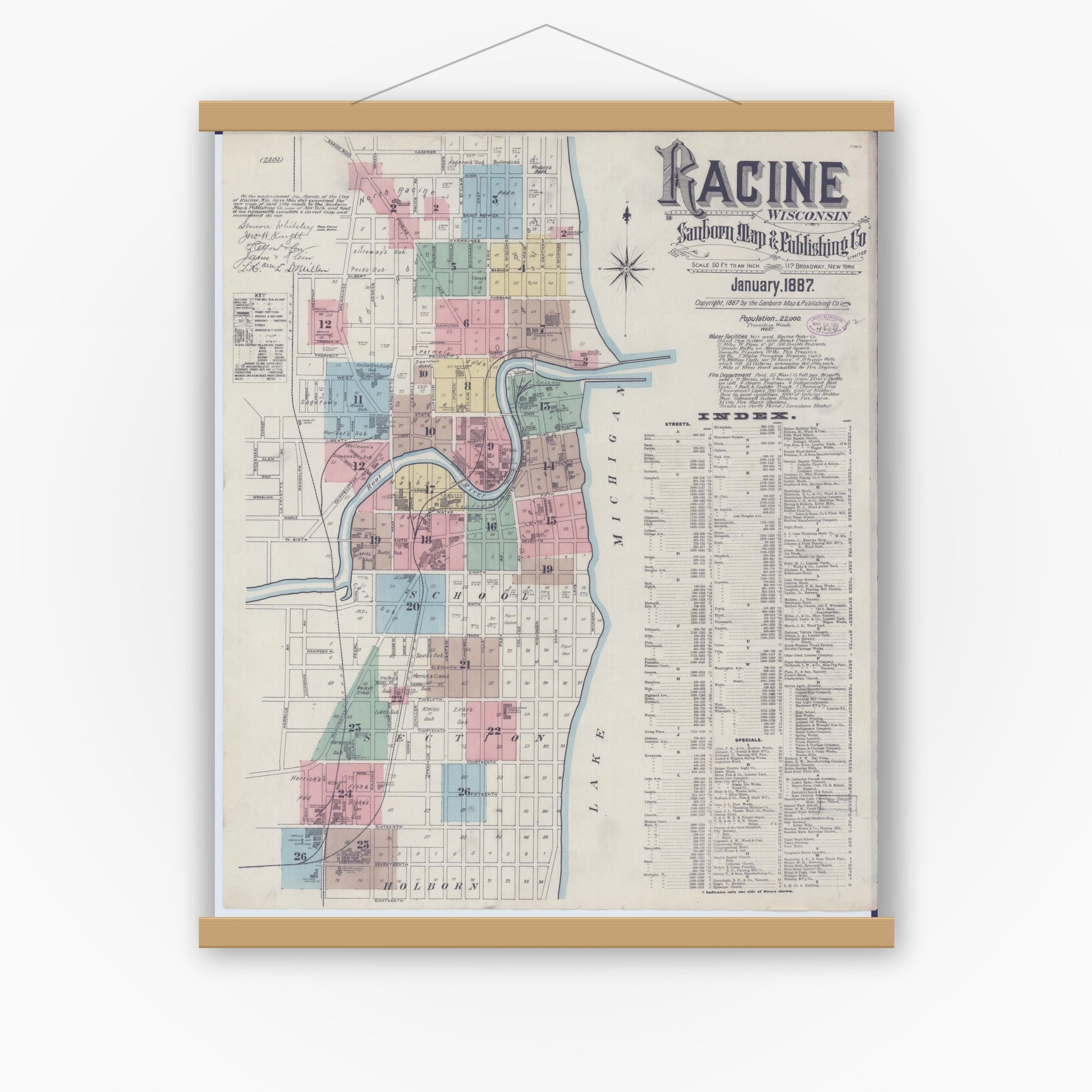 Old map wall art mockup — magnetic wood frame on white wall — Sanborn Fire Insurance Map from Racine, Racine County, Wisconsin (1887) - Complete Map Set