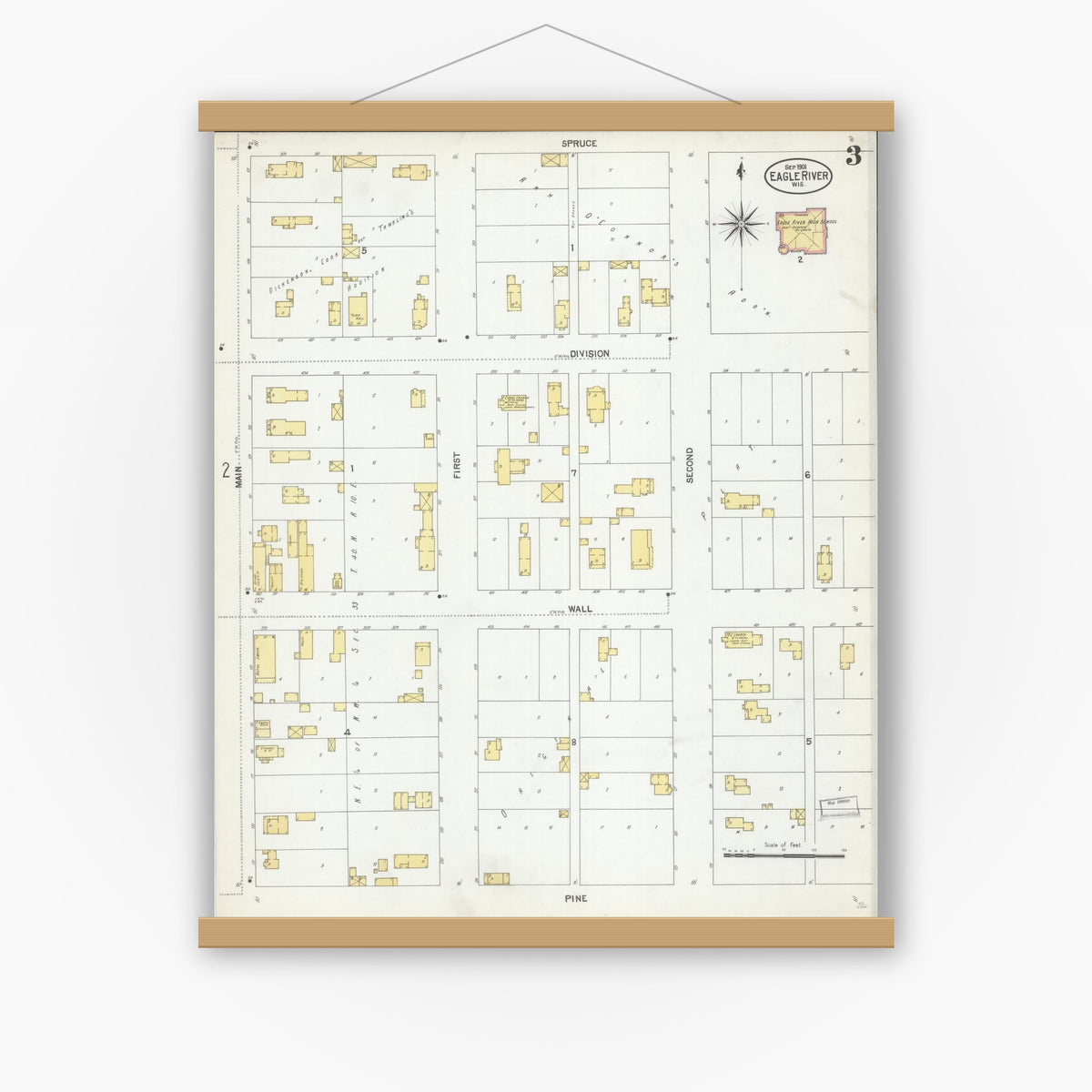 Old map wall art mockup — magnetic wood frame on white wall — Sanborn Fire Insurance Map from Eagle River, Vilas County, Wisconsin (1901), Sheet #0003