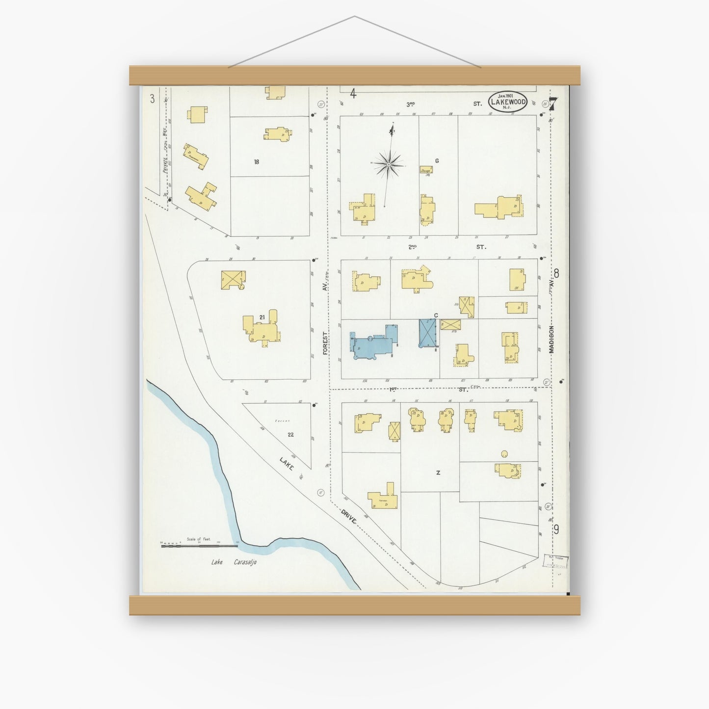 Old map wall art mockup — magnetic wood frame on white wall — Sanborn Fire Insurance Map from Lakewood, Ocean County, New Jersey (1901), Sheet #0007