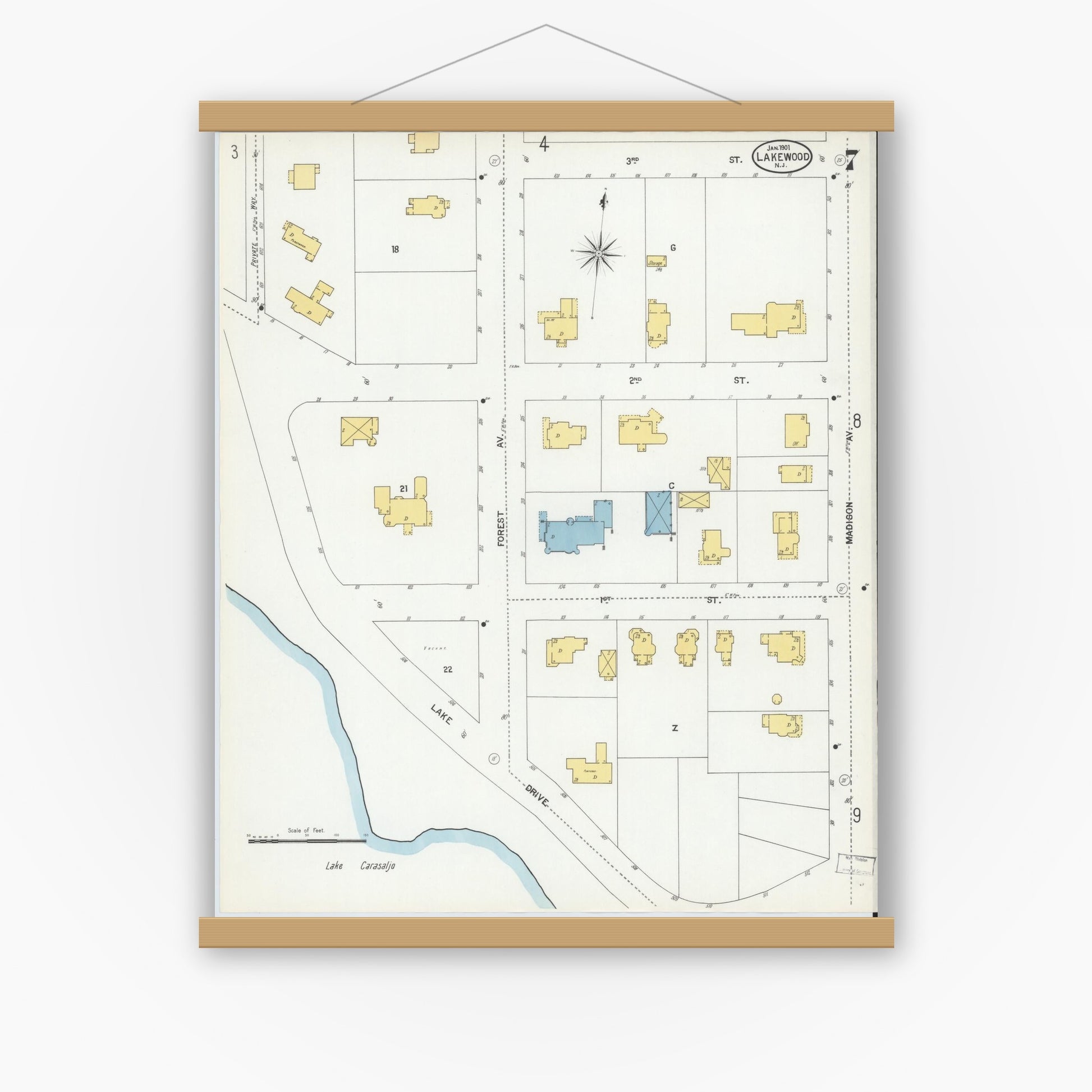 Old map wall art mockup — magnetic wood frame on white wall — Sanborn Fire Insurance Map from Lakewood, Ocean County, New Jersey (1901), Sheet #0007