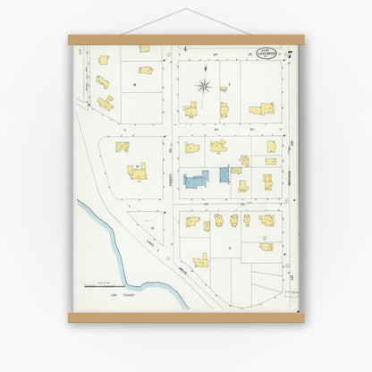 Old map wall art mockup — magnetic wood frame on white wall — Sanborn Fire Insurance Map from Lakewood, Ocean County, New Jersey (1901), Sheet #0007