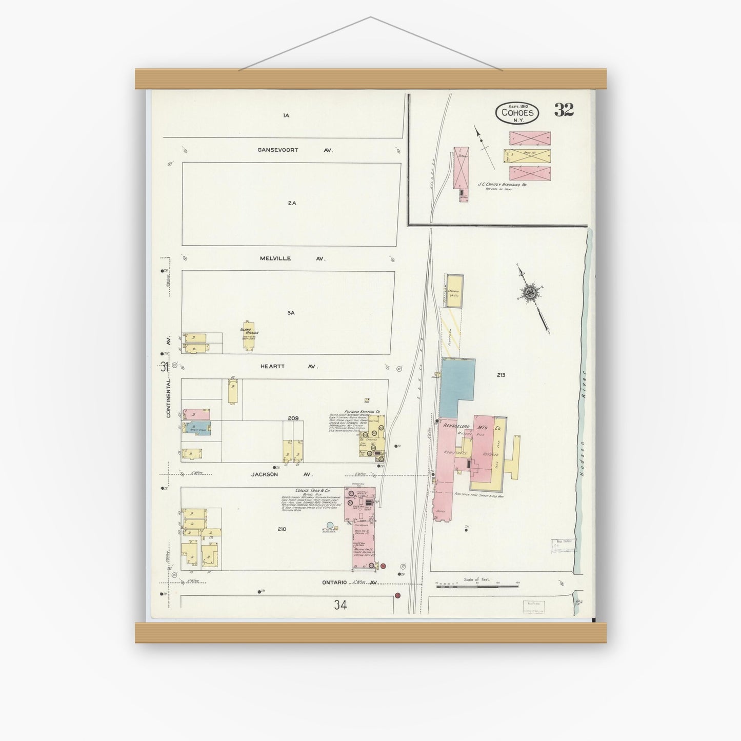 Old map wall art mockup — magnetic wood frame on white wall — Sanborn Fire Insurance Map from Cohoes, Albany County, New York (1910), Sheet #0032