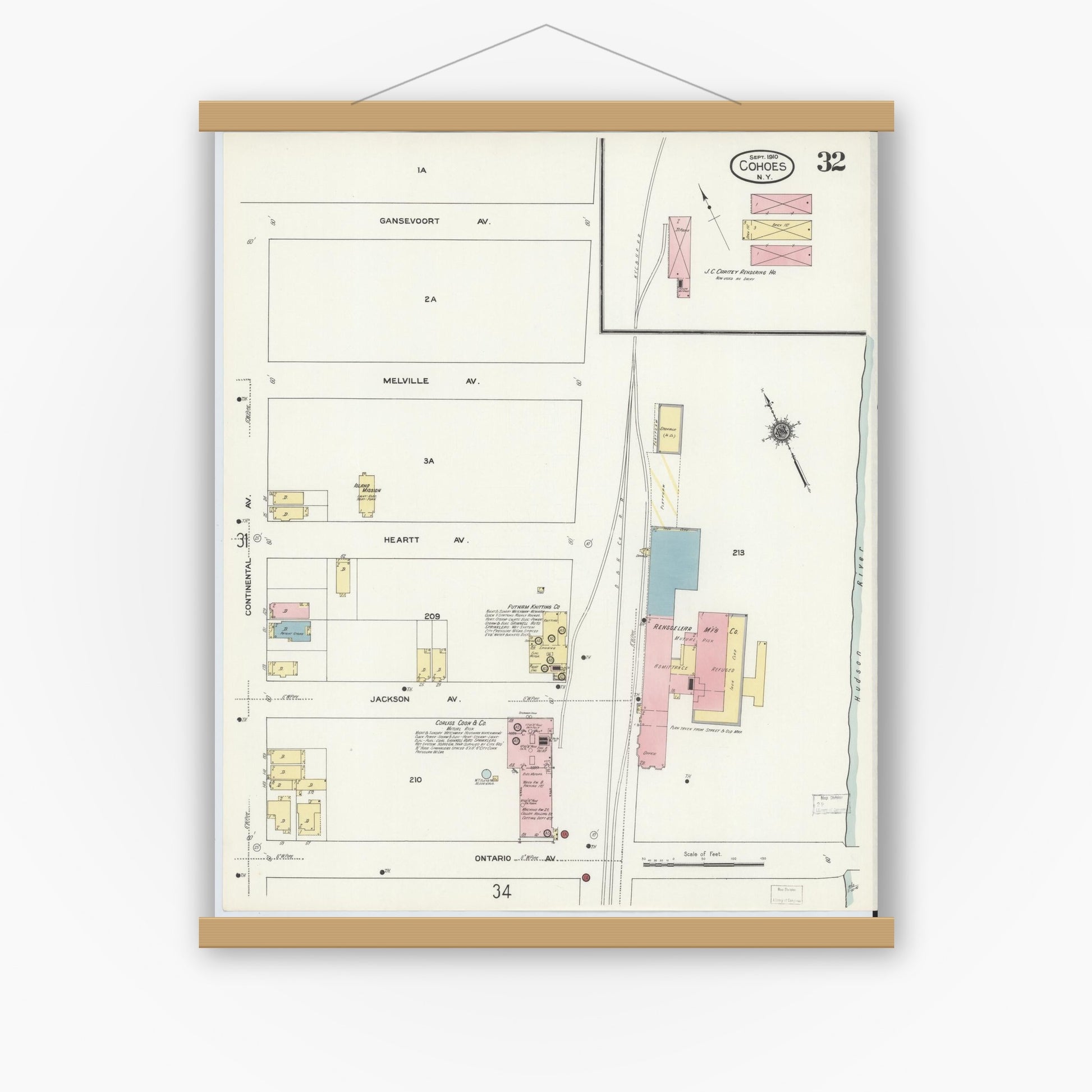 Old map wall art mockup — magnetic wood frame on white wall — Sanborn Fire Insurance Map from Cohoes, Albany County, New York (1910), Sheet #0032