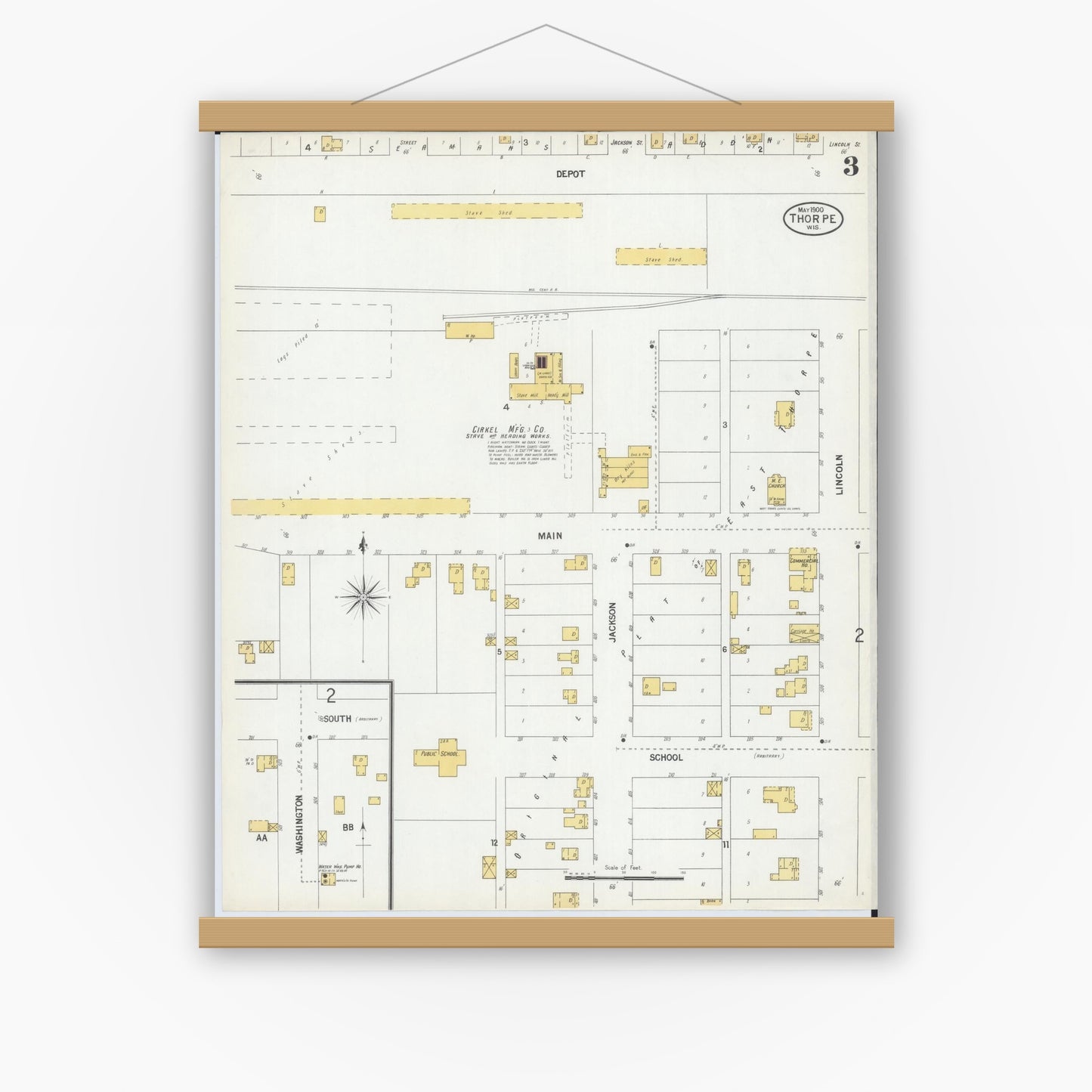 Old map wall art mockup — magnetic wood frame on white wall — Sanborn Fire Insurance Map from Thorpe, Clark County, Wisconsin (1900), Sheet #0003