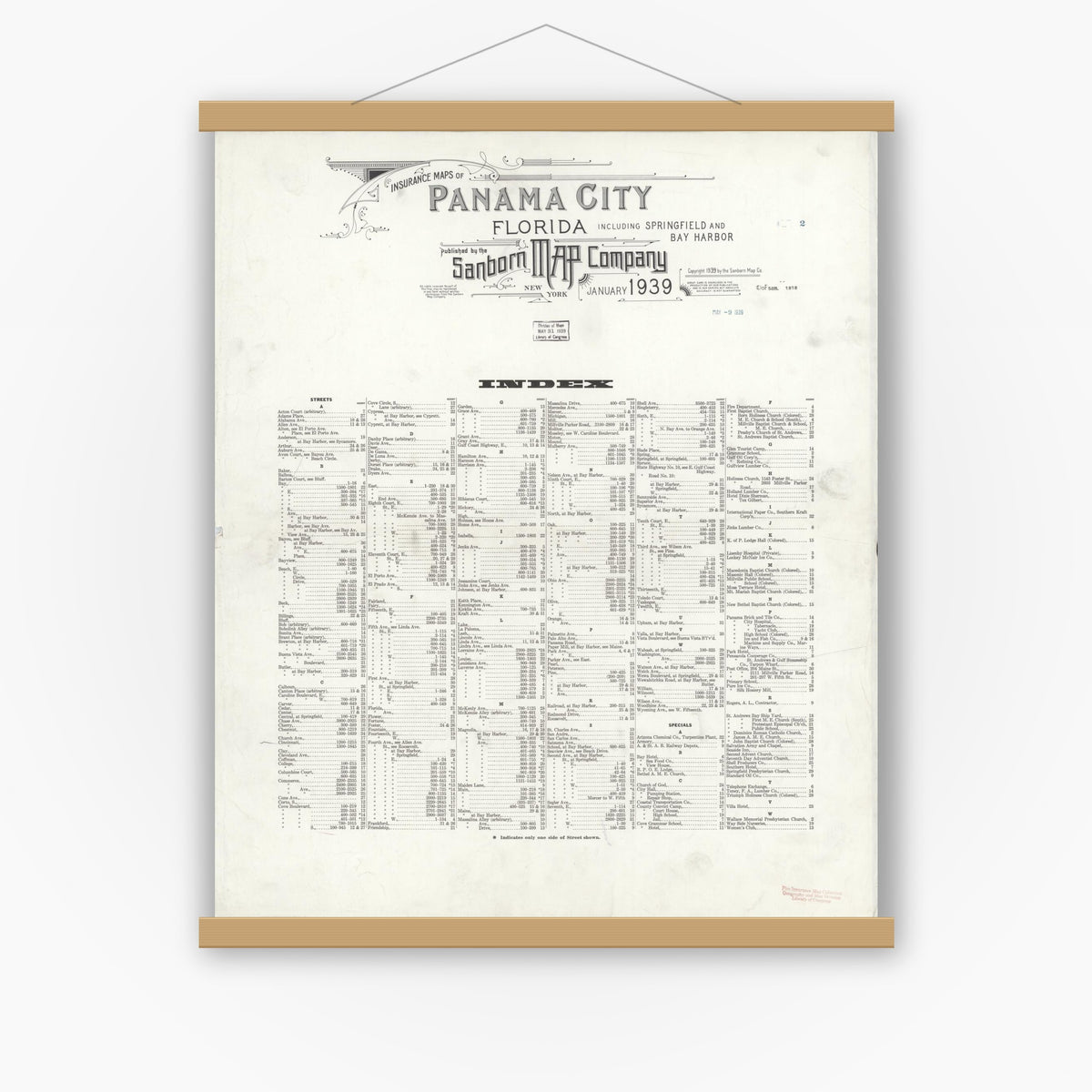 Old map wall art mockup — magnetic wood frame on white wall — Sanborn Fire Insurance Map from Panama City, Bay County, Florida (1939), Sheet #0001