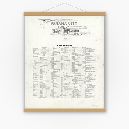Old map wall art mockup — magnetic wood frame on white wall — Sanborn Fire Insurance Map from Panama City, Bay County, Florida (1939), Sheet #0001