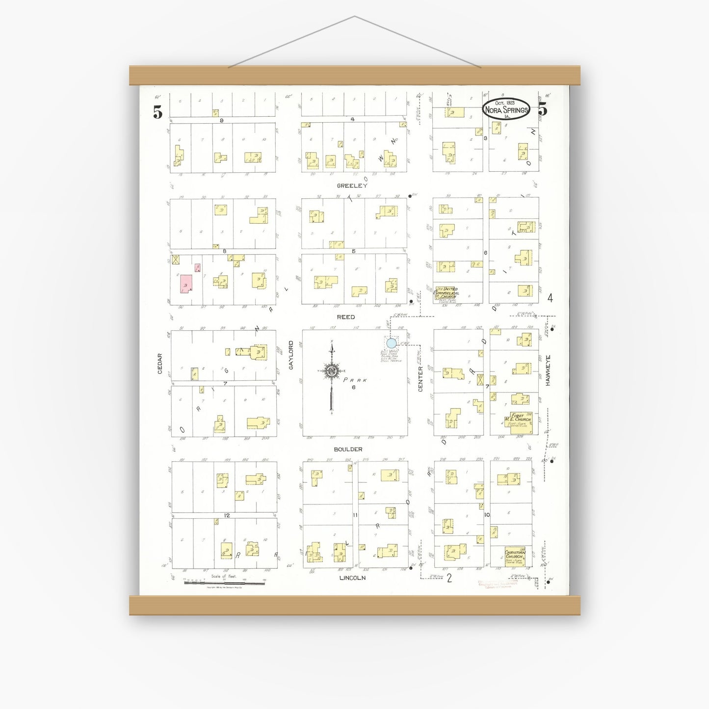 Old map wall art mockup — magnetic wood frame on white wall — Sanborn Fire Insurance Map from Nora Springs, Floyd County, Iowa (1923), Sheet #0005