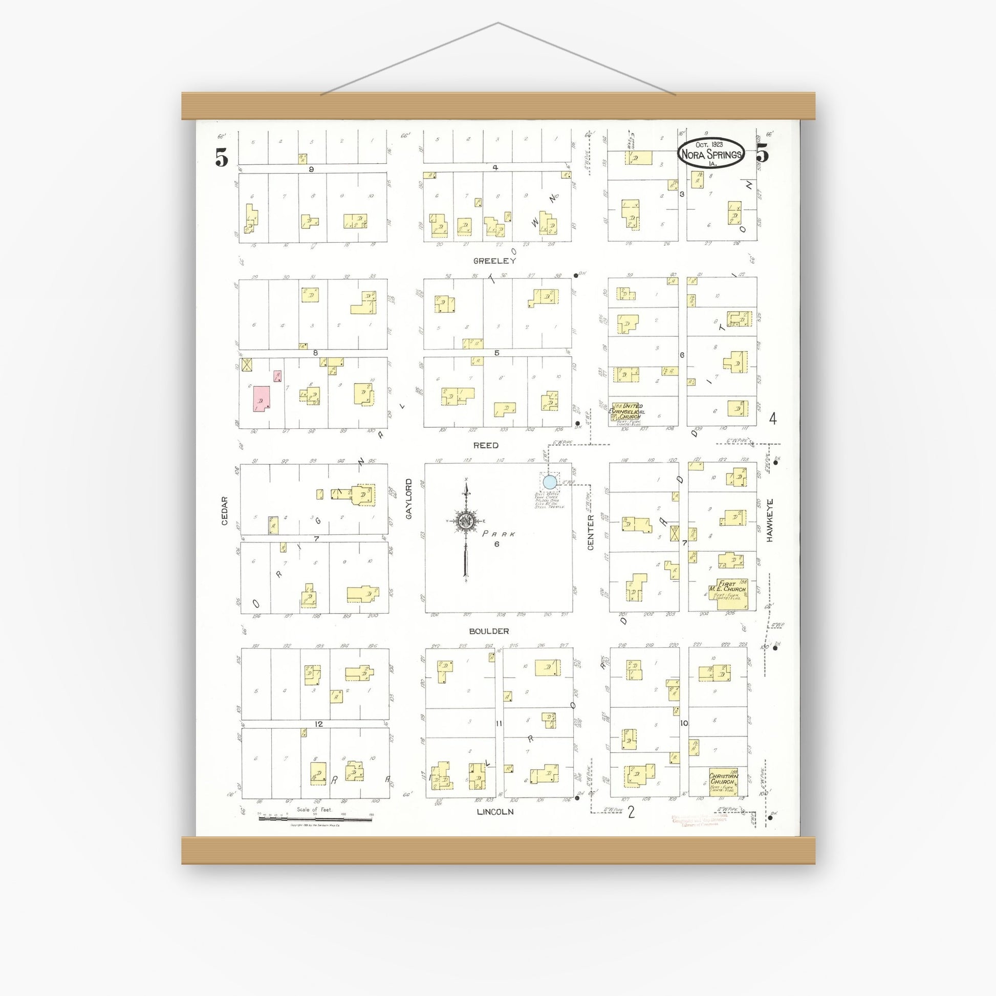 Old map wall art mockup — magnetic wood frame on white wall — Sanborn Fire Insurance Map from Nora Springs, Floyd County, Iowa (1923), Sheet #0005