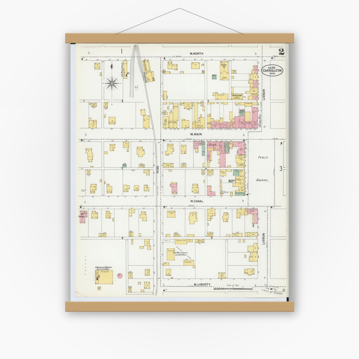 Old map wall art mockup — magnetic wood frame on white wall — Sanborn Fire Insurance Map from Carrollton, Carroll County, Ohio (1901), Sheet #0002