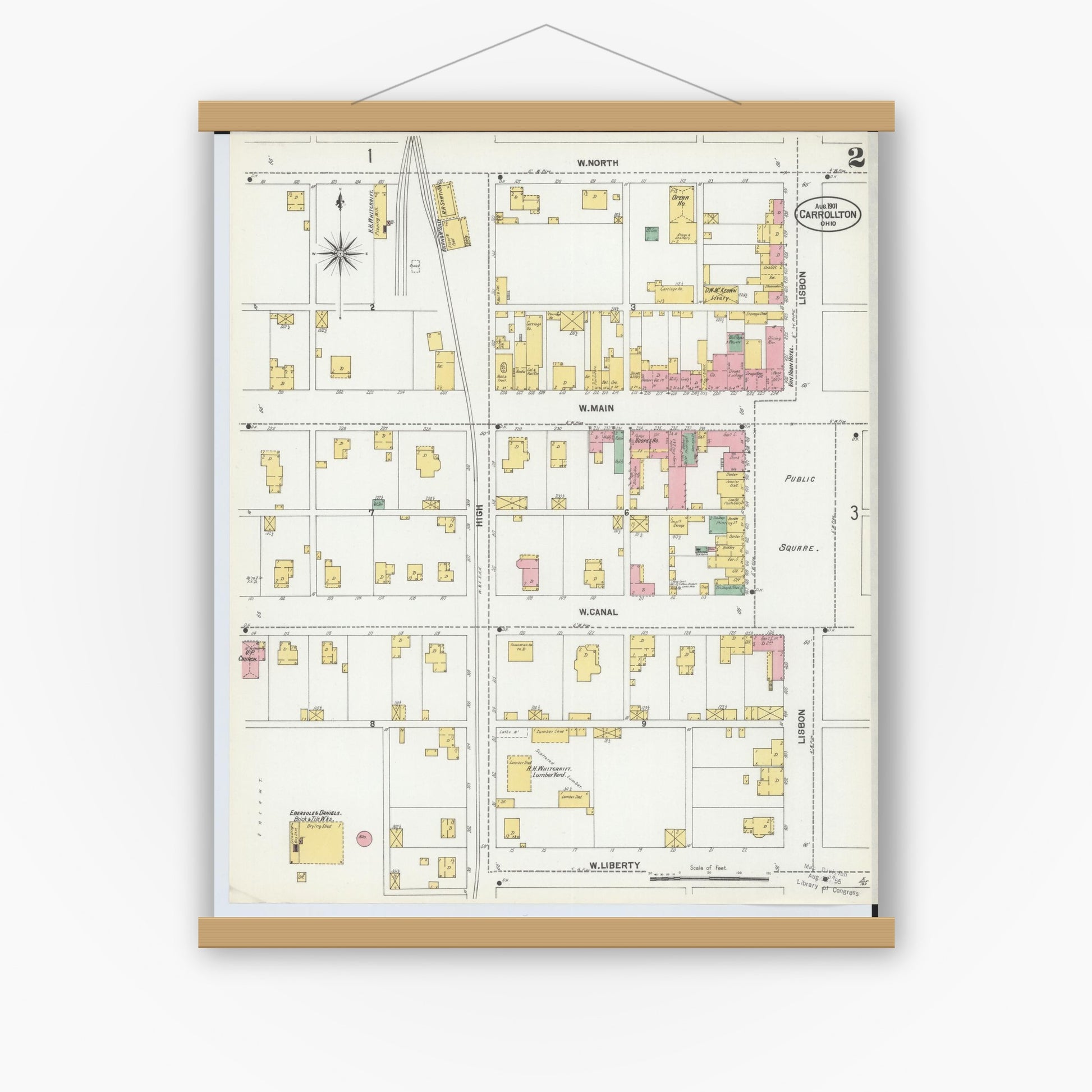 Old map wall art mockup — magnetic wood frame on white wall — Sanborn Fire Insurance Map from Carrollton, Carroll County, Ohio (1901), Sheet #0002