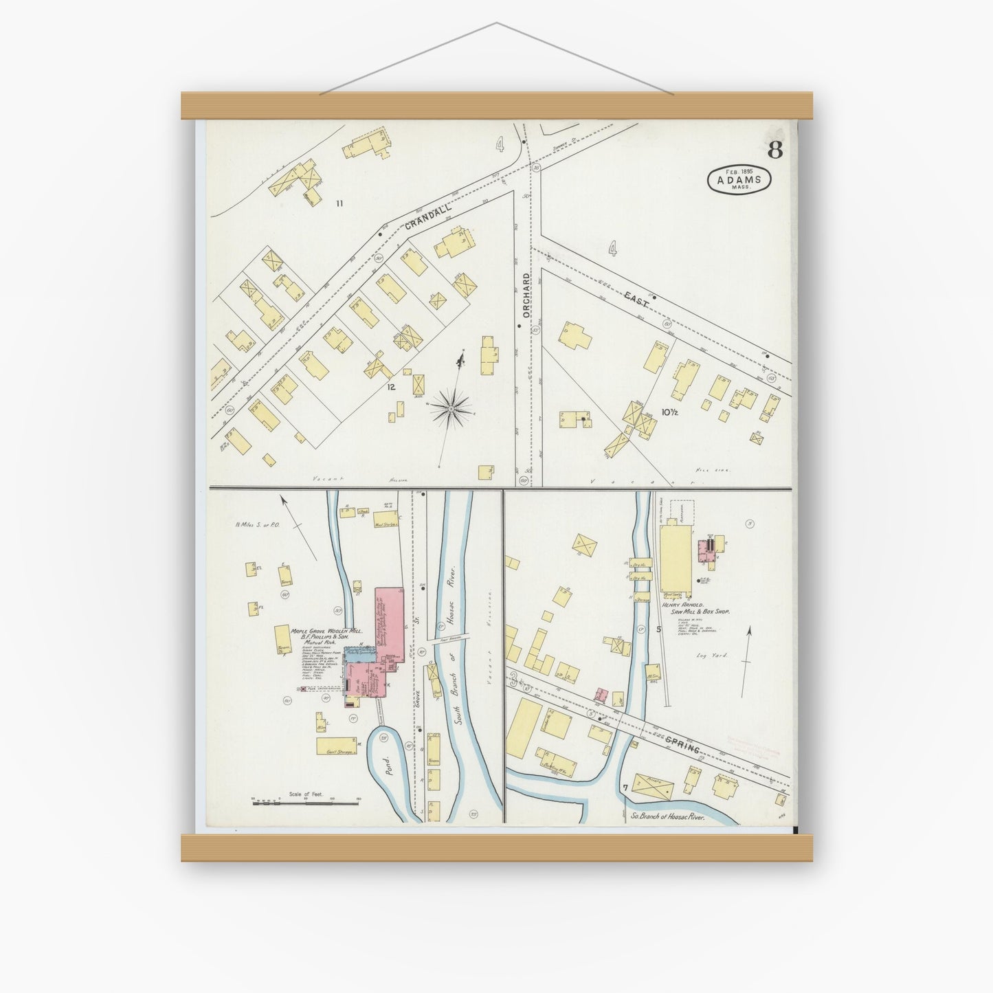 Old map wall art mockup — magnetic wood frame on white wall — Sanborn Fire Insurance Map from Adams, Berkshire County, Massachusetts (1895), Sheet #0008