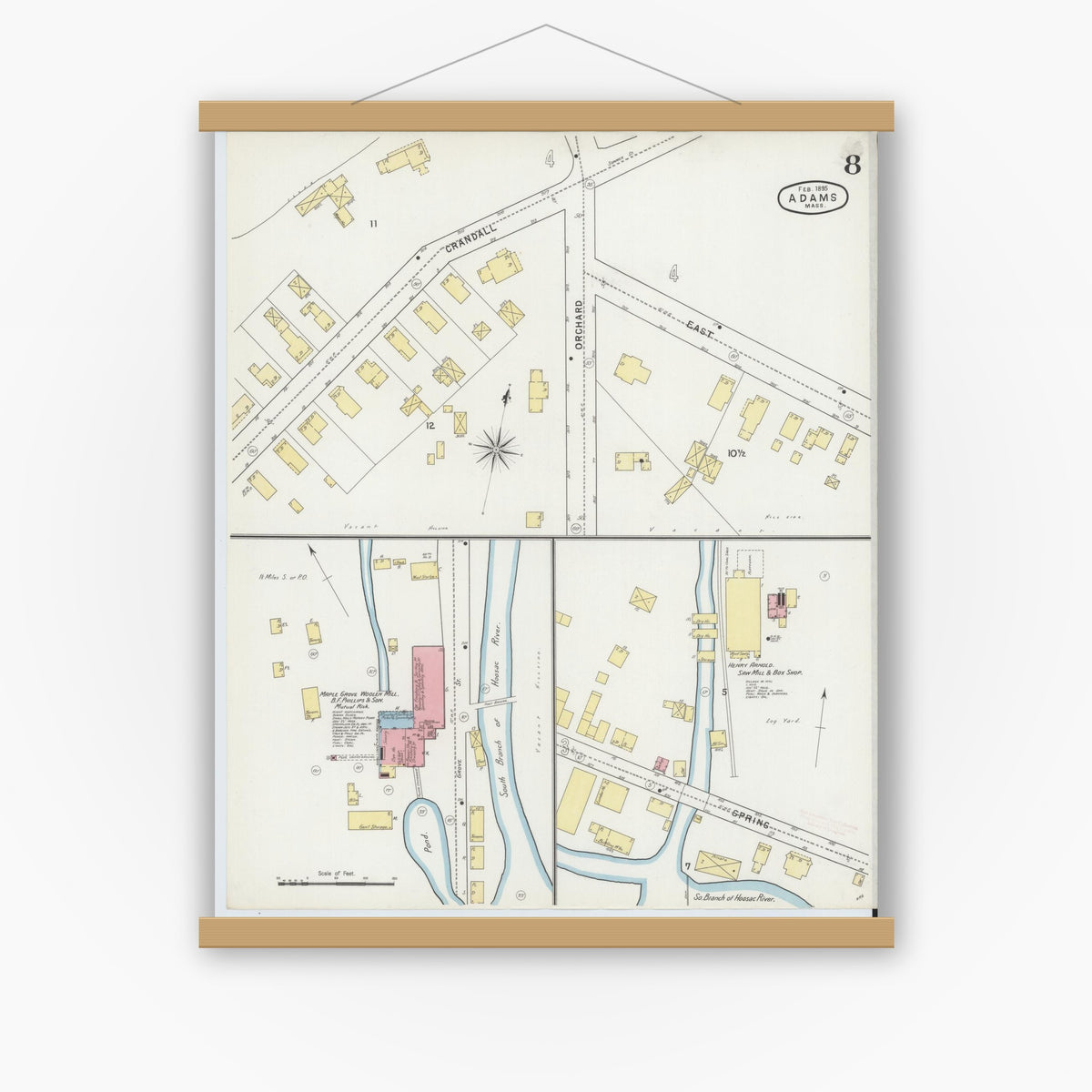 Old map wall art mockup — magnetic wood frame on white wall — Sanborn Fire Insurance Map from Adams, Berkshire County, Massachusetts (1895), Sheet #0008