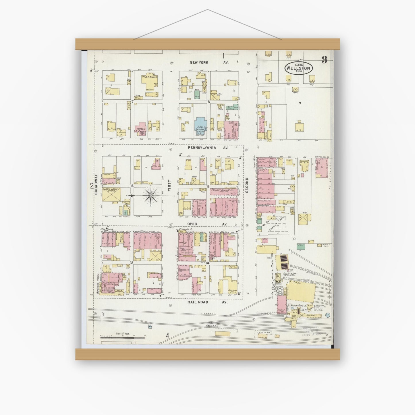 Old map wall art mockup — magnetic wood frame on white wall — Sanborn Fire Insurance Map from Wellston, Jackson County, Ohio (1897), Sheet #0003