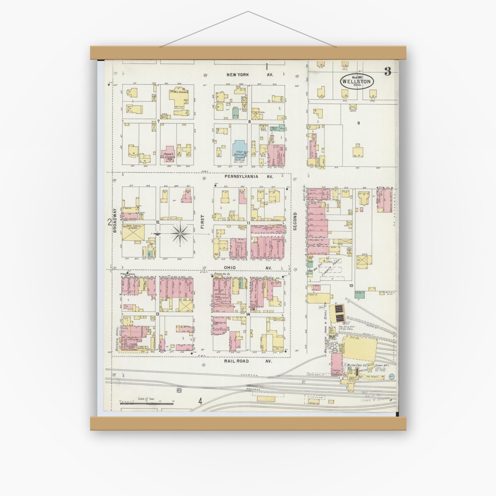 Old map wall art mockup — magnetic wood frame on white wall — Sanborn Fire Insurance Map from Wellston, Jackson County, Ohio (1897), Sheet #0003
