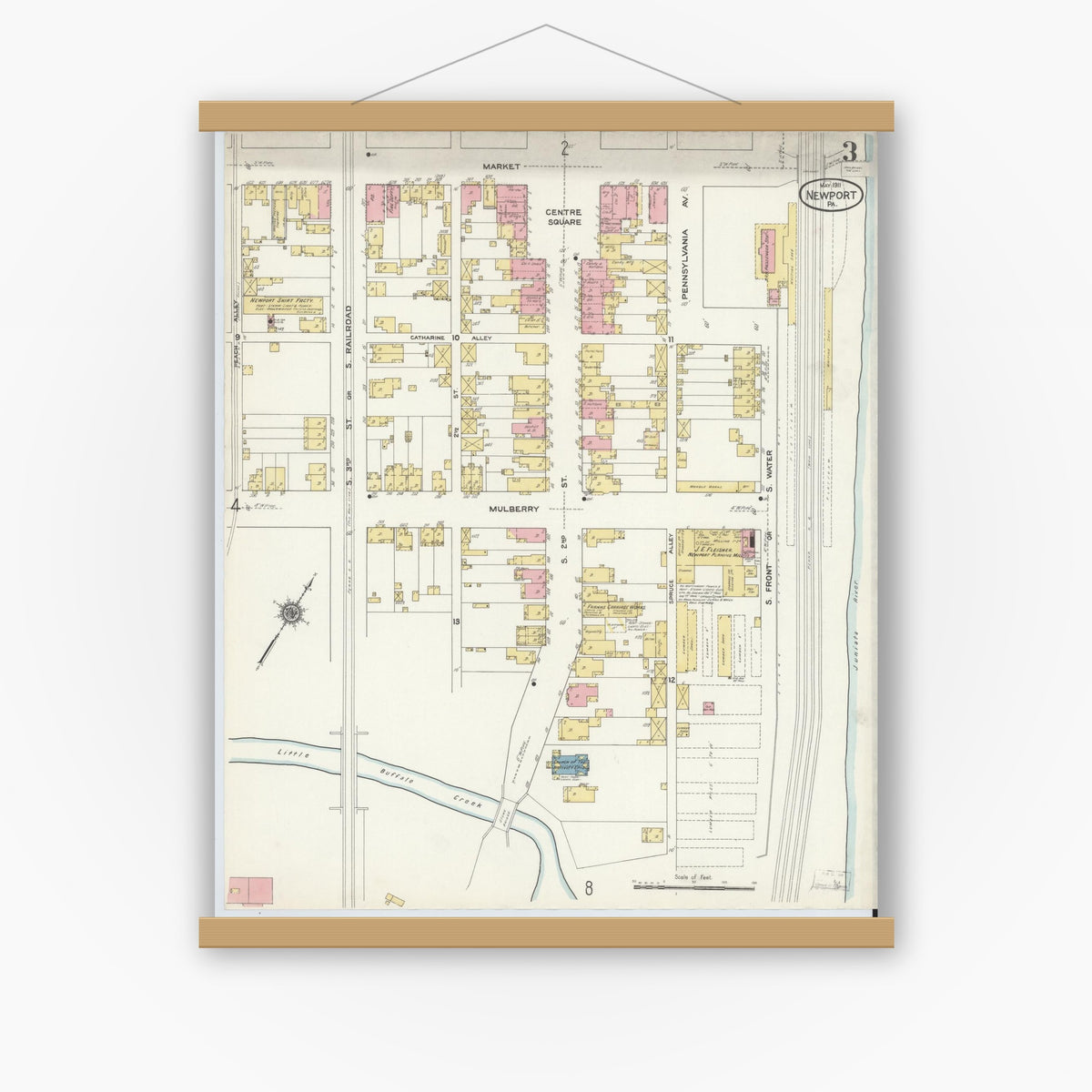 Old map wall art mockup — magnetic wood frame on white wall — Sanborn Fire Insurance Map from Newport, Perry County, Pennsylvania (1911), Sheet #0003