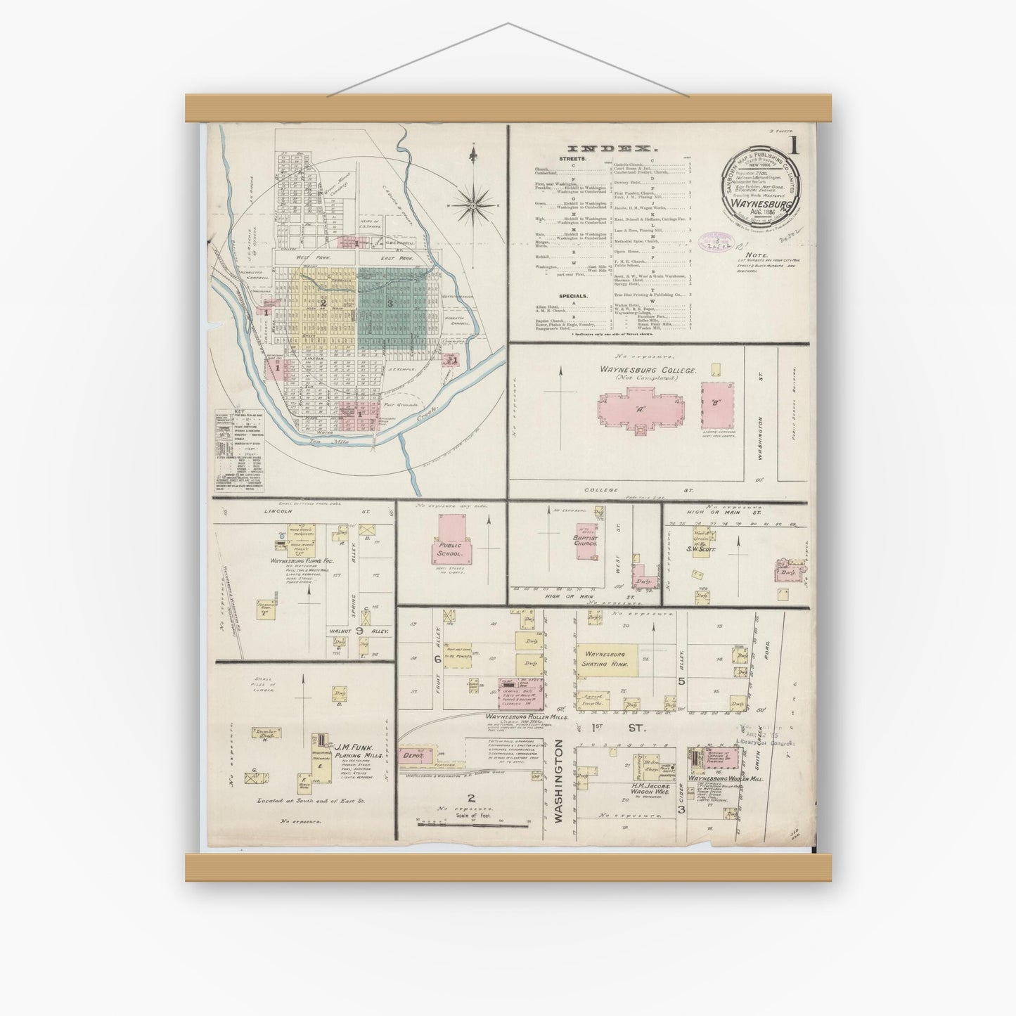 Old map wall art mockup — magnetic wood frame on white wall — Sanborn Fire Insurance Map from Waynesburg, Greene County, Pennsylvania (1886) - Complete Map Set
