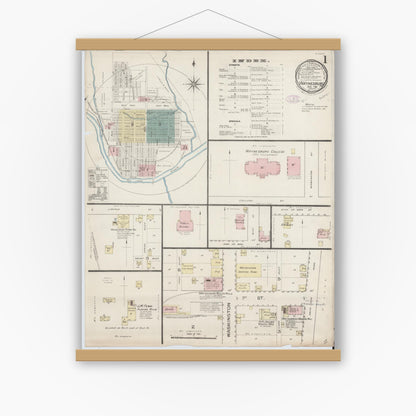 Old map wall art mockup — magnetic wood frame on white wall — Sanborn Fire Insurance Map from Waynesburg, Greene County, Pennsylvania (1886) - Complete Map Set