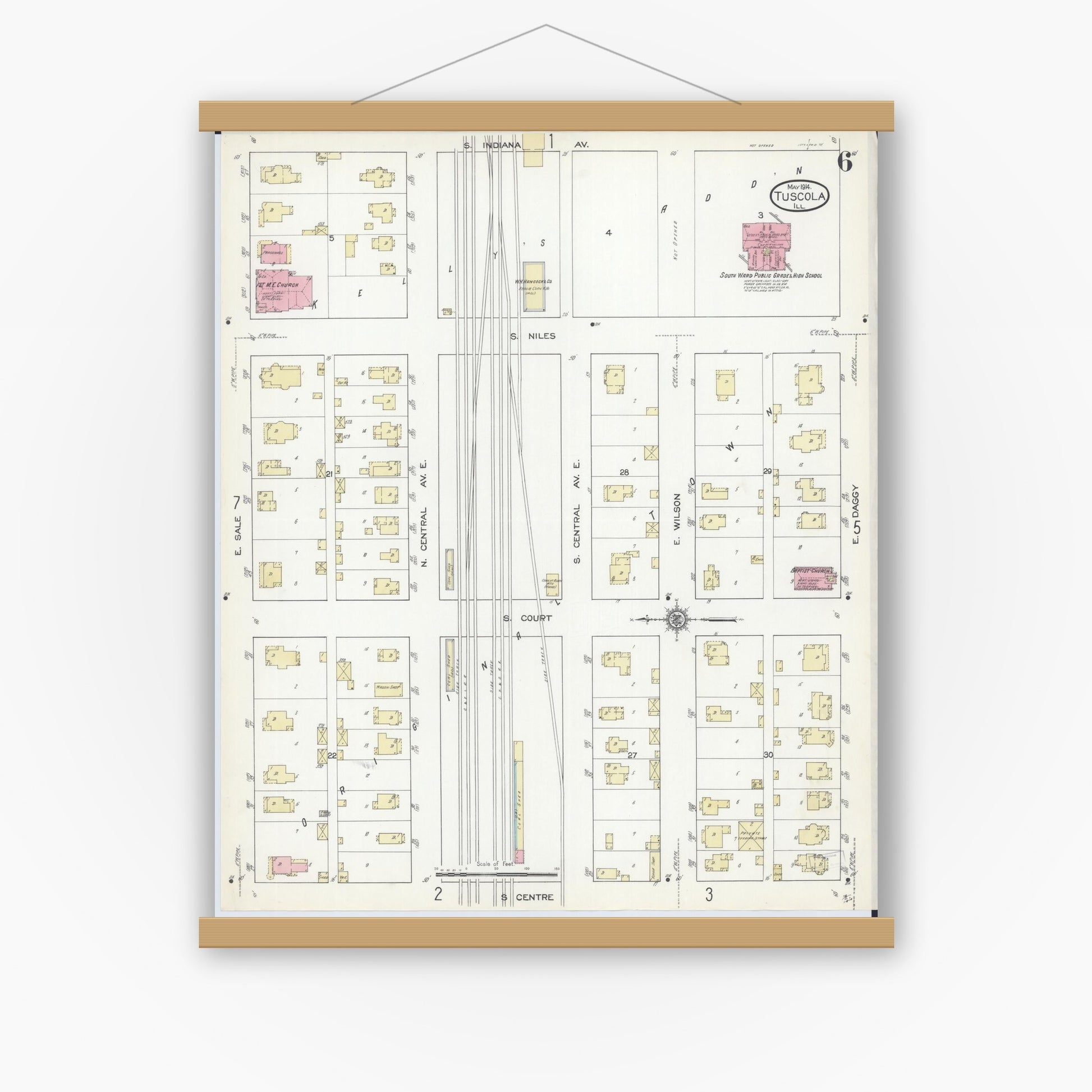 Old map wall art mockup — magnetic wood frame on white wall — Sanborn Fire Insurance Map from Tuscola, Douglas County, Illinois (1914), Sheet #0006
