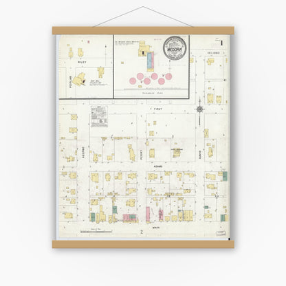 Old map wall art mockup — magnetic wood frame on white wall — Sanborn Fire Insurance Map from Medora, Jackson County, Indiana (1910), Sheet #0001