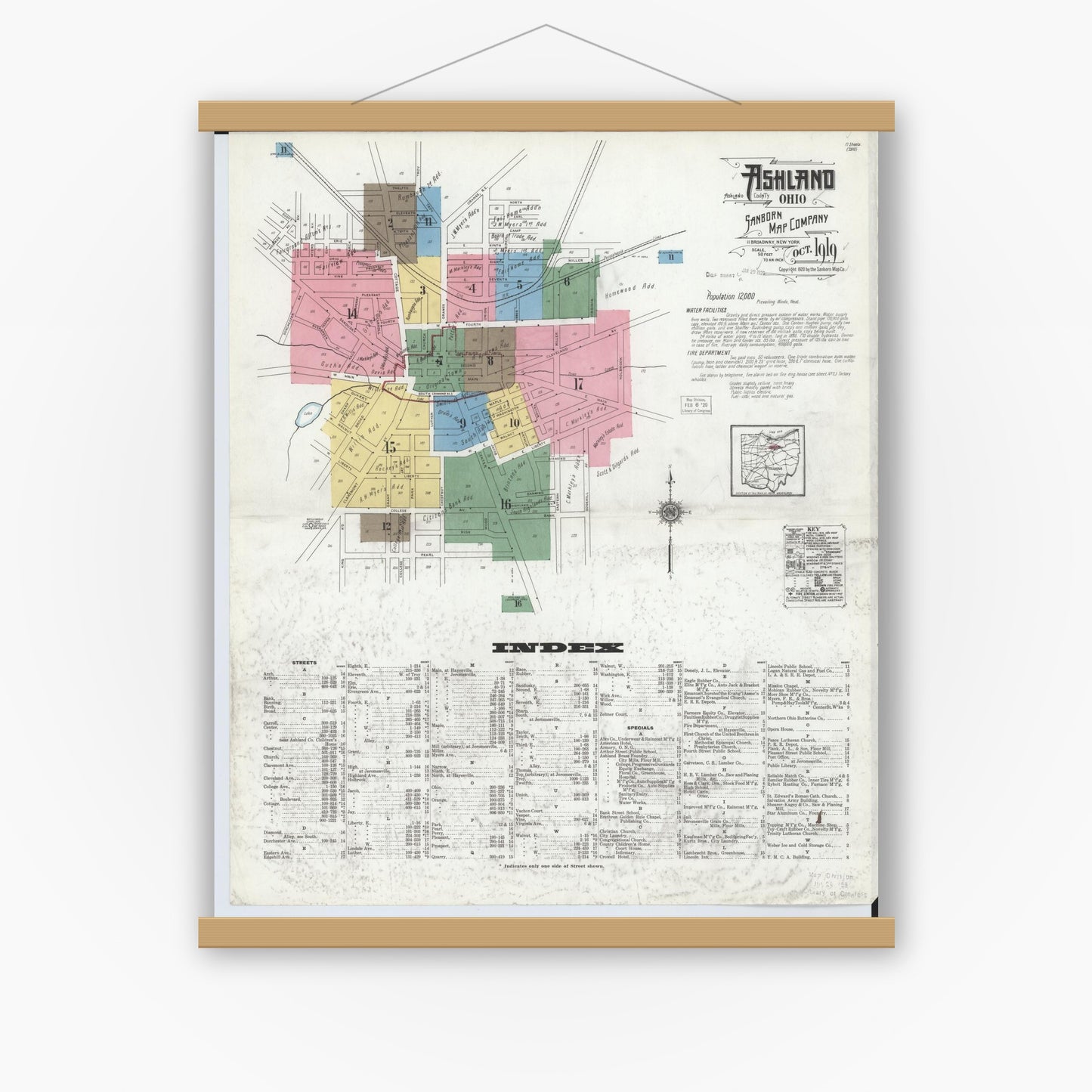 Old map wall art mockup — magnetic wood frame on white wall — Sanborn Fire Insurance Map from Ashland, Ashland County, Ohio (1919), Sheet #0001