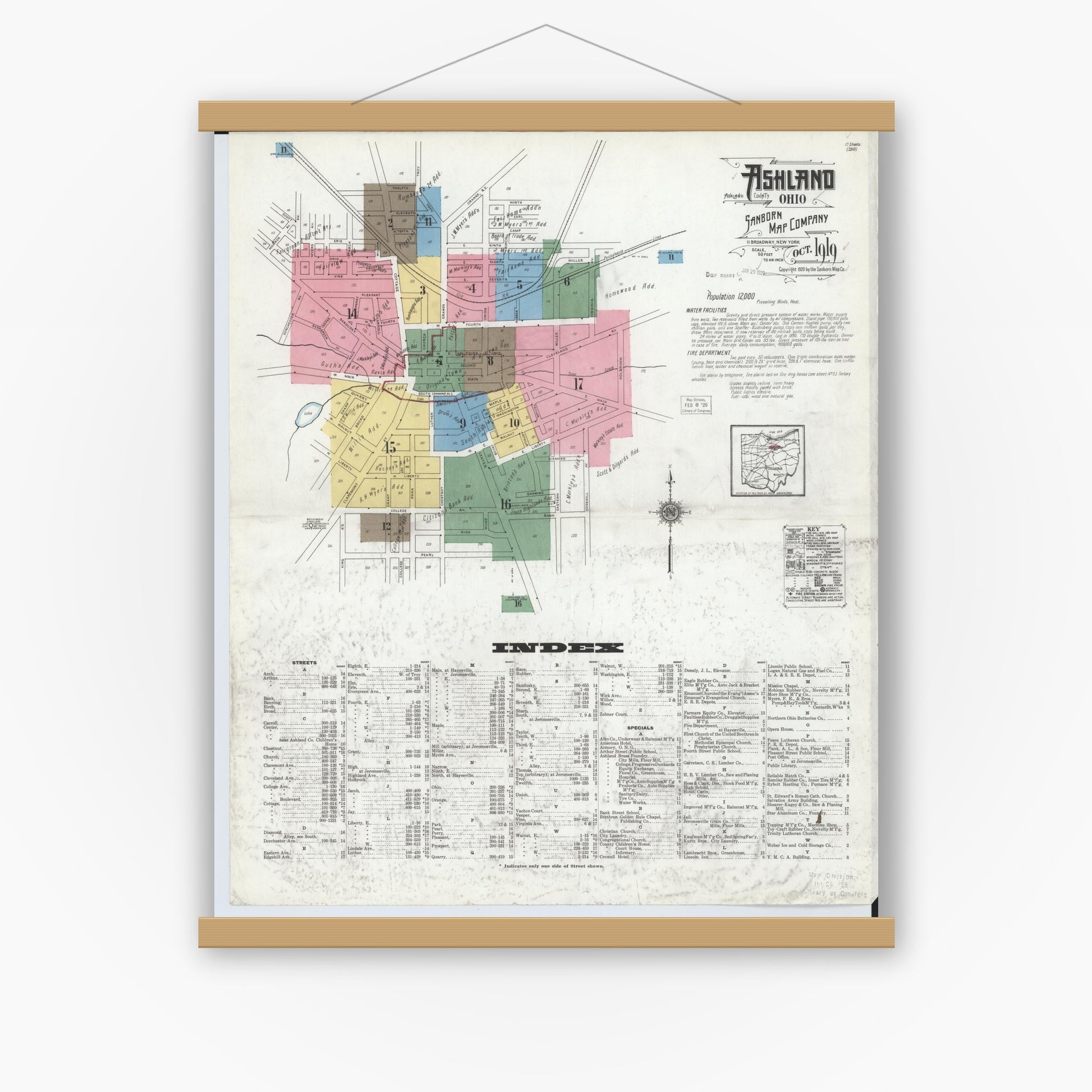 Old map wall art mockup — magnetic wood frame on white wall — Sanborn Fire Insurance Map from Ashland, Ashland County, Ohio (1919), Sheet #0001