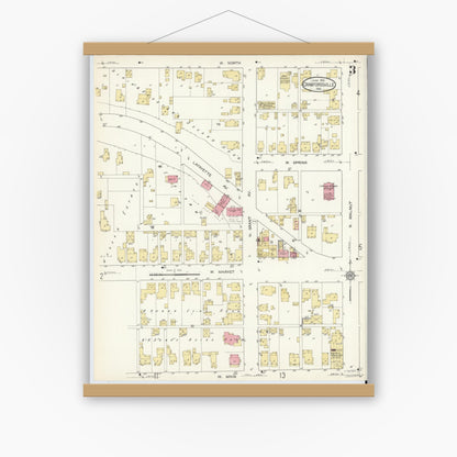 Old map wall art mockup — magnetic wood frame on white wall — Sanborn Fire Insurance Map from Crawfordsville, Montgomery County, Indiana (1913), Sheet #0003