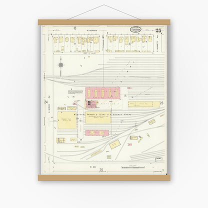 Old map wall art mockup — magnetic wood frame on white wall — Sanborn Fire Insurance Map from Denison, Grayson County, Texas (1914), Sheet #0025