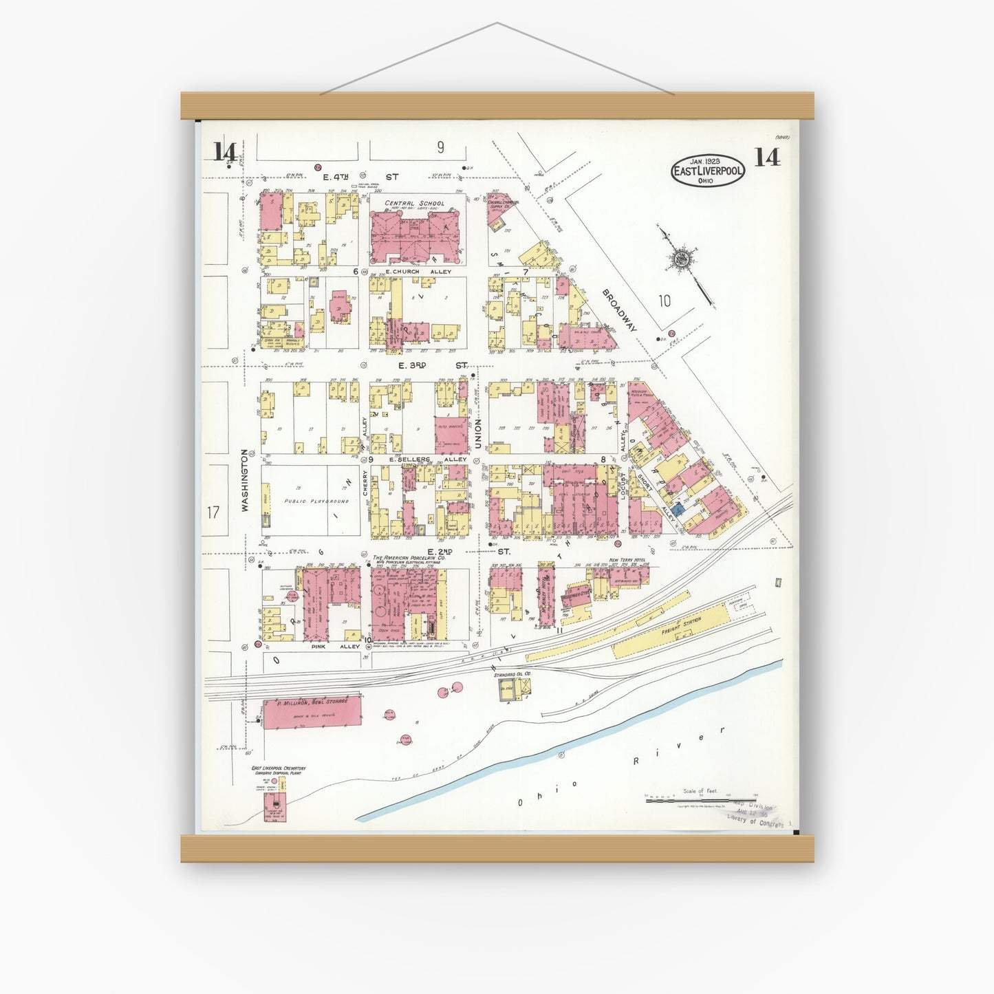 Old map wall art mockup — magnetic wood frame on white wall — Sanborn Fire Insurance Map from East Liverpool, Columbiana County, Ohio (1923), Sheet #0014