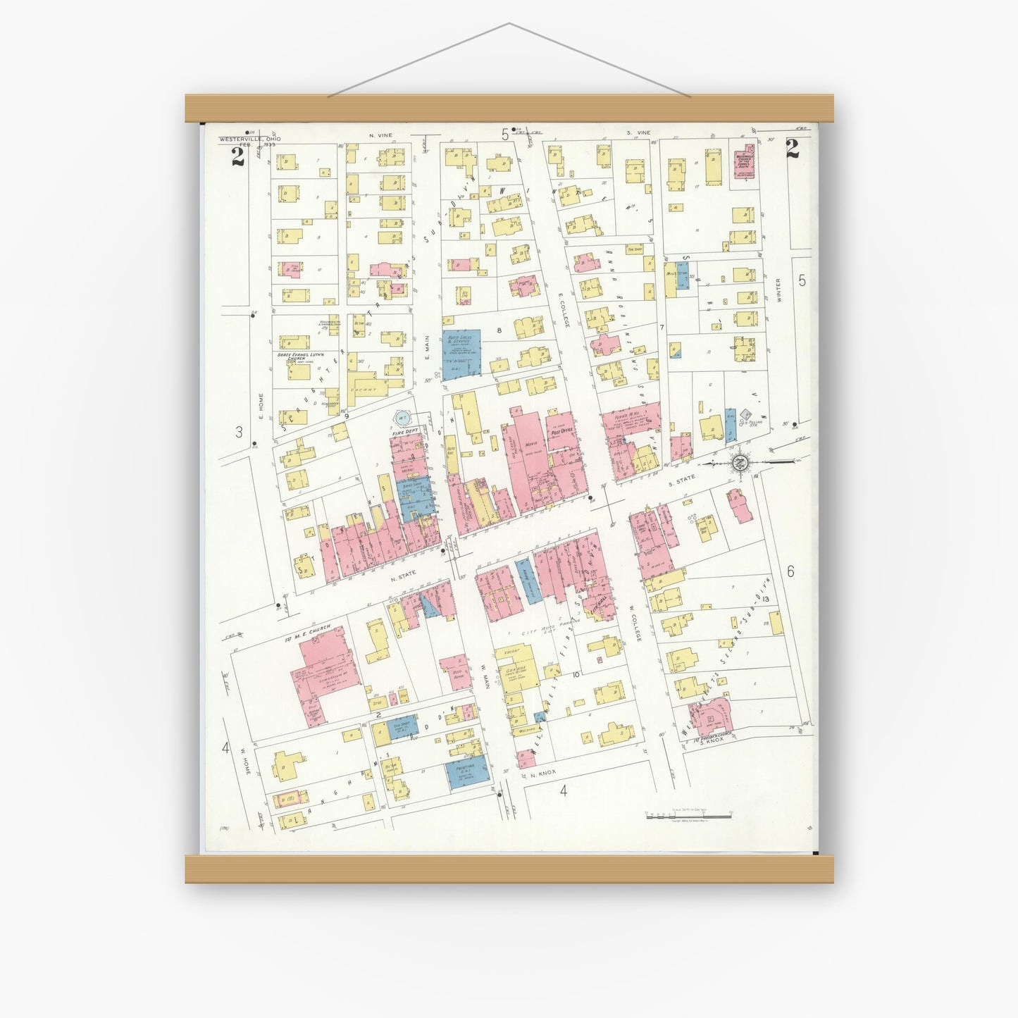 Old map wall art mockup — magnetic wood frame on white wall — Sanborn Fire Insurance Map from Westerville, Franklin County, Ohio (1933), Sheet #0002