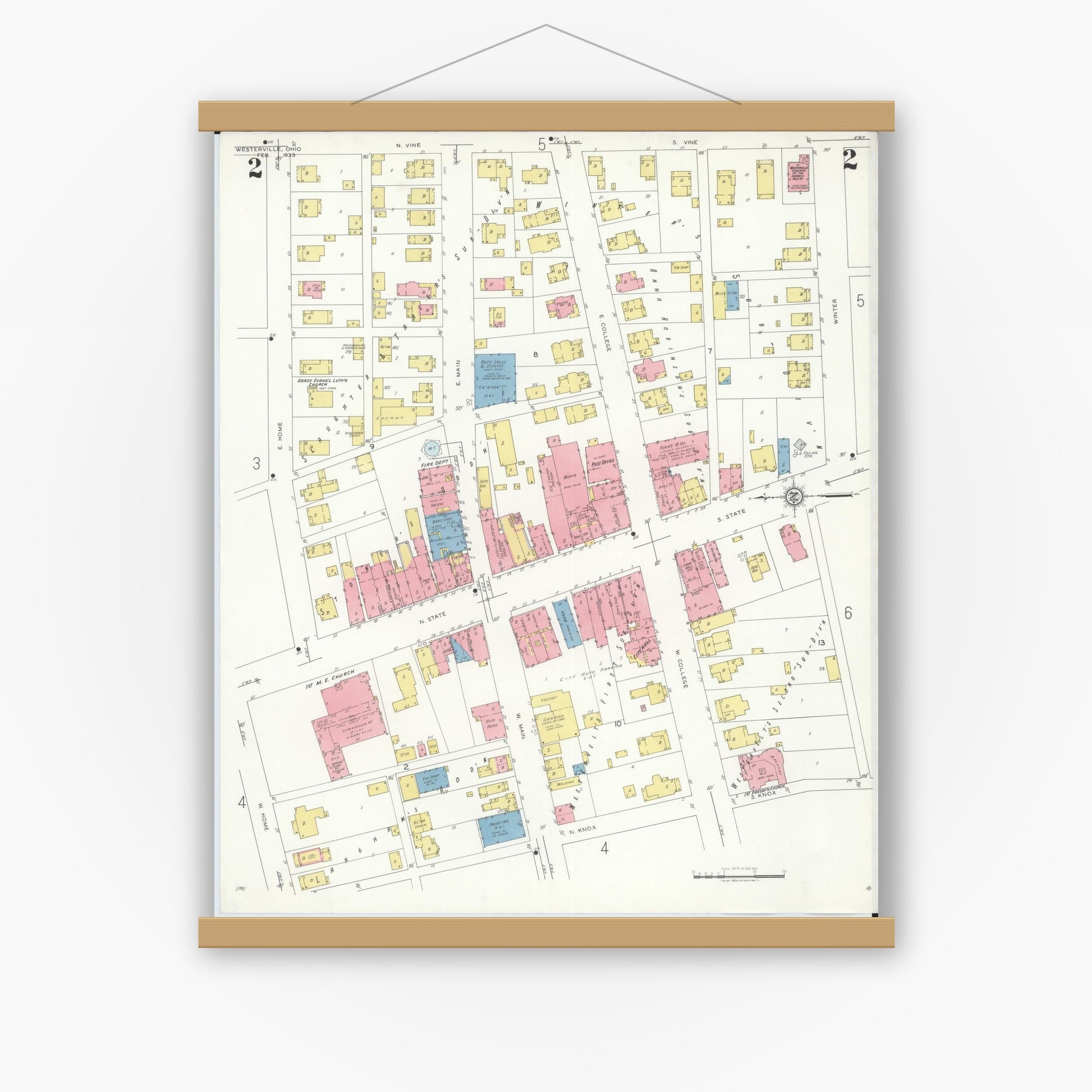 Old map wall art mockup — magnetic wood frame on white wall — Sanborn Fire Insurance Map from Westerville, Franklin County, Ohio (1933), Sheet #0002