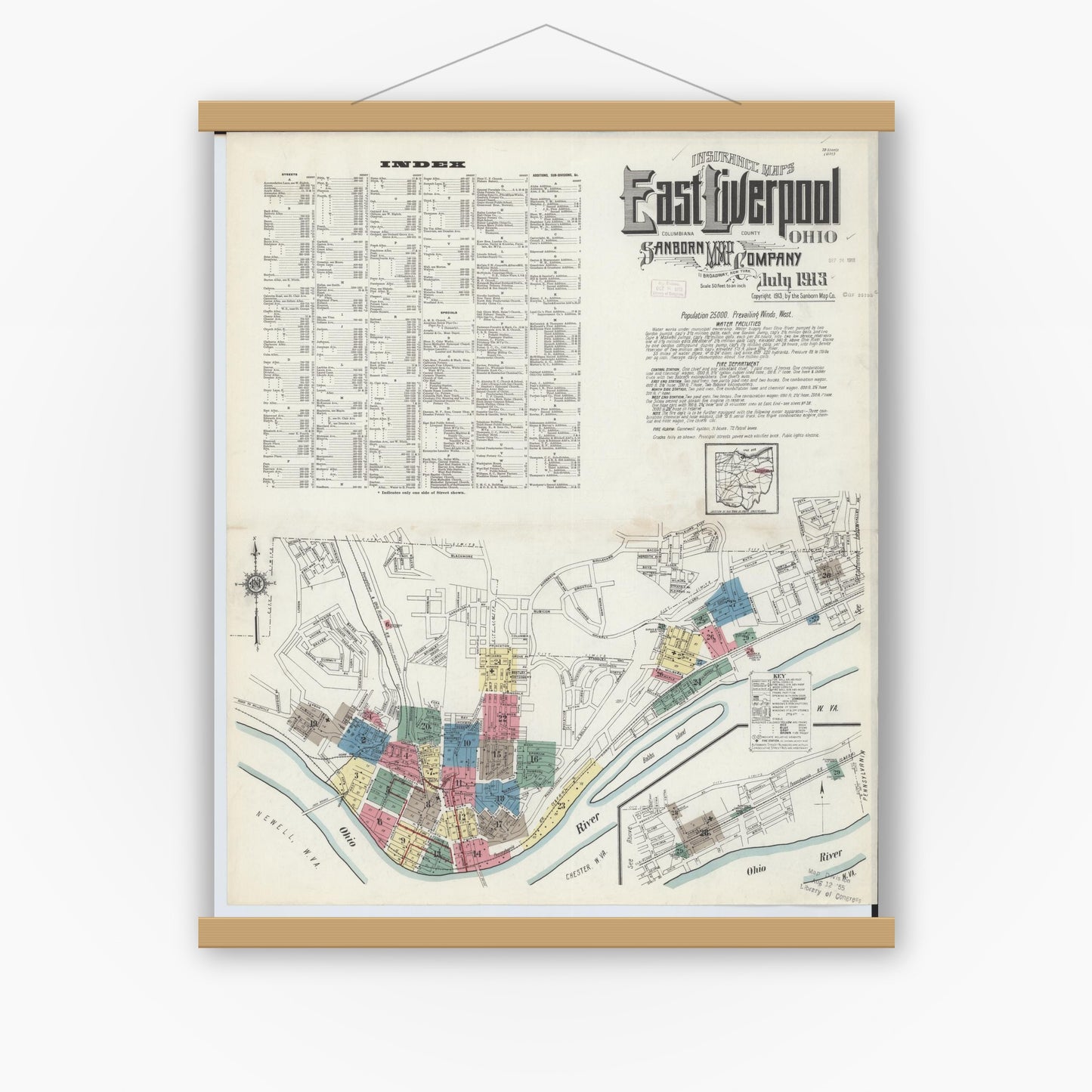 Old map wall art mockup — magnetic wood frame on white wall — Sanborn Fire Insurance Map from East Liverpool, Columbiana County, Ohio (1913) - Complete Map Set