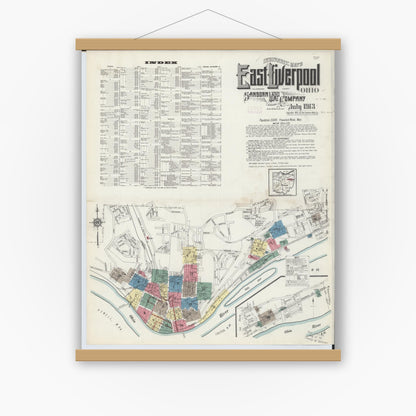 Old map wall art mockup — magnetic wood frame on white wall — Sanborn Fire Insurance Map from East Liverpool, Columbiana County, Ohio (1913) - Complete Map Set