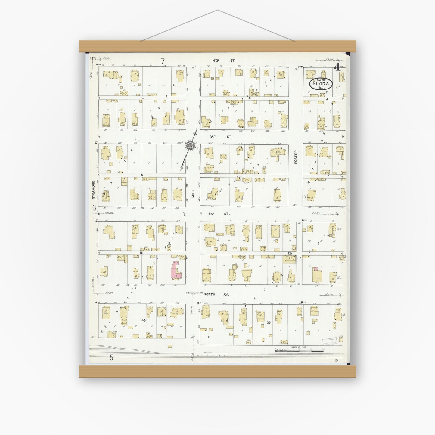 Old map wall art mockup — magnetic wood frame on white wall — Sanborn Fire Insurance Map from Flora, Clay County, Illinois (1912), Sheet #0004