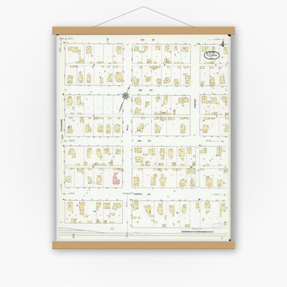 Old map wall art mockup — magnetic wood frame on white wall — Sanborn Fire Insurance Map from Flora, Clay County, Illinois (1912), Sheet #0004