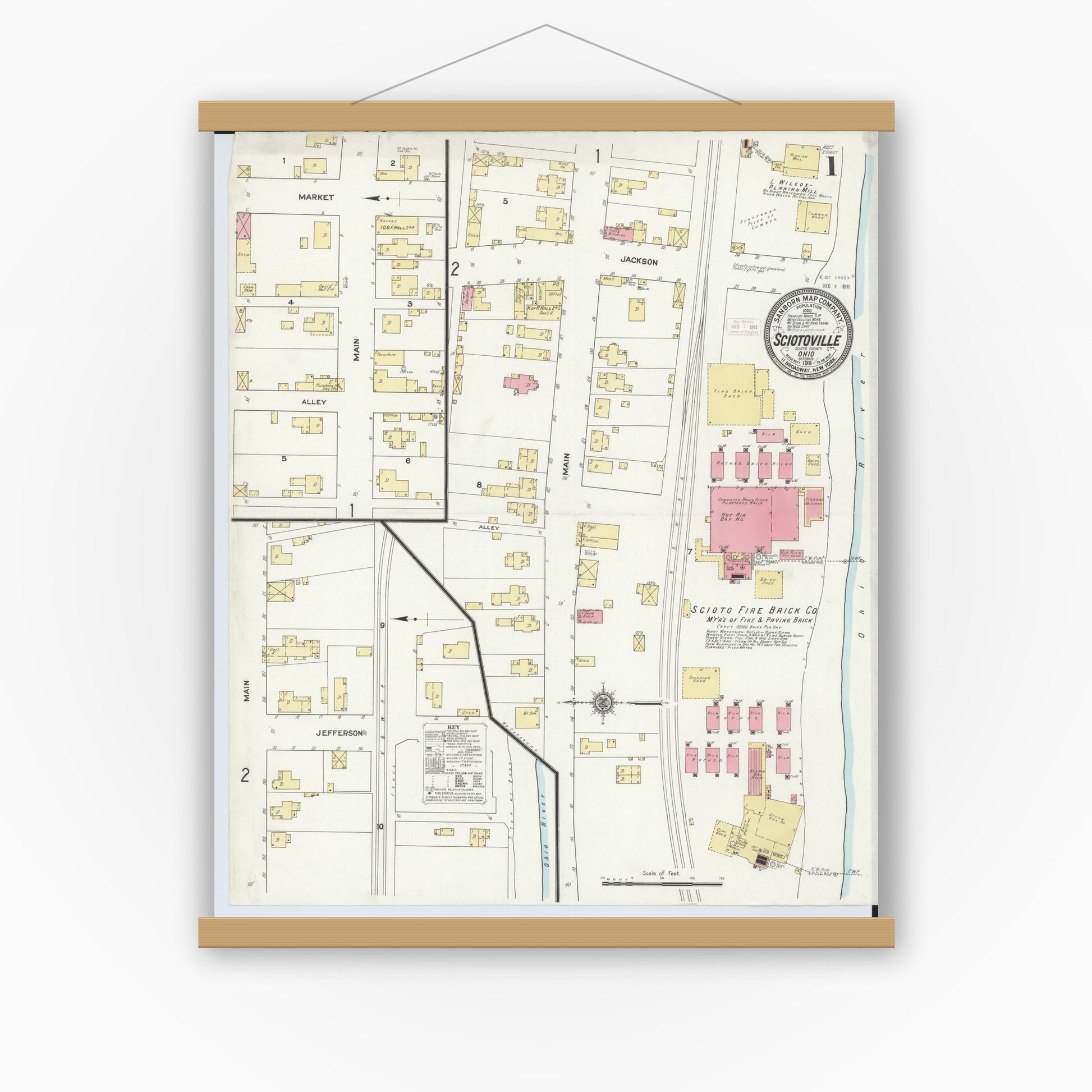 Old map wall art mockup — magnetic wood frame on white wall — Sanborn Fire Insurance Map from Sciotoville, Scioto County, Ohio (1911) - Complete Map Set