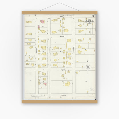 Old map wall art mockup — magnetic wood frame on white wall — Sanborn Fire Insurance Map from Gainesville, Cooke County, Texas (1897), Sheet #0002