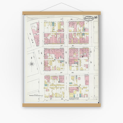 Old map wall art mockup — magnetic wood frame on white wall — Sanborn Fire Insurance Map from Rock Island, Rock Island County, Illinois (1892), Sheet #0016