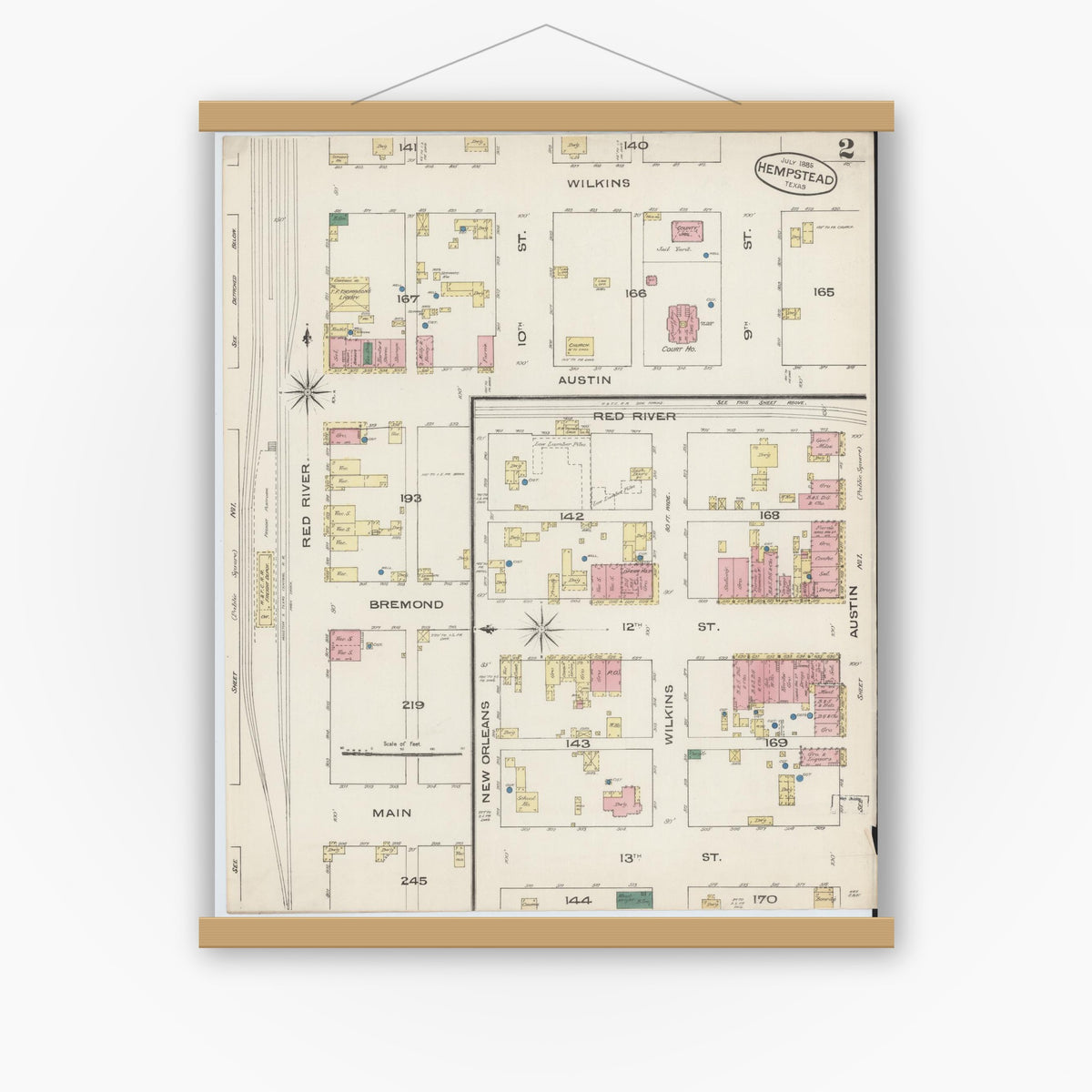 Old map wall art mockup — magnetic wood frame on white wall — Sanborn Fire Insurance Map from Hempstead, Waller County, Texas (1885), Sheet #0002